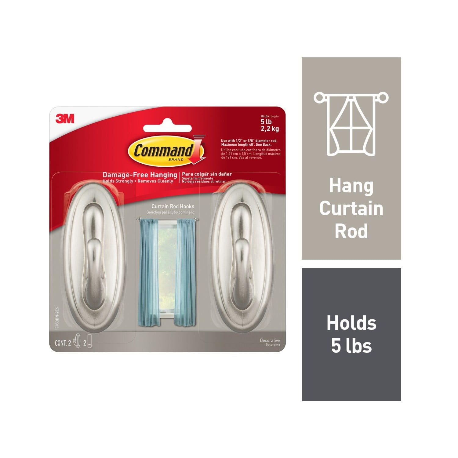 Command Curtain Rod Hooks, Damage-Free Wall Hanging, Satin Nickel (2 Hooks) 1rzz6