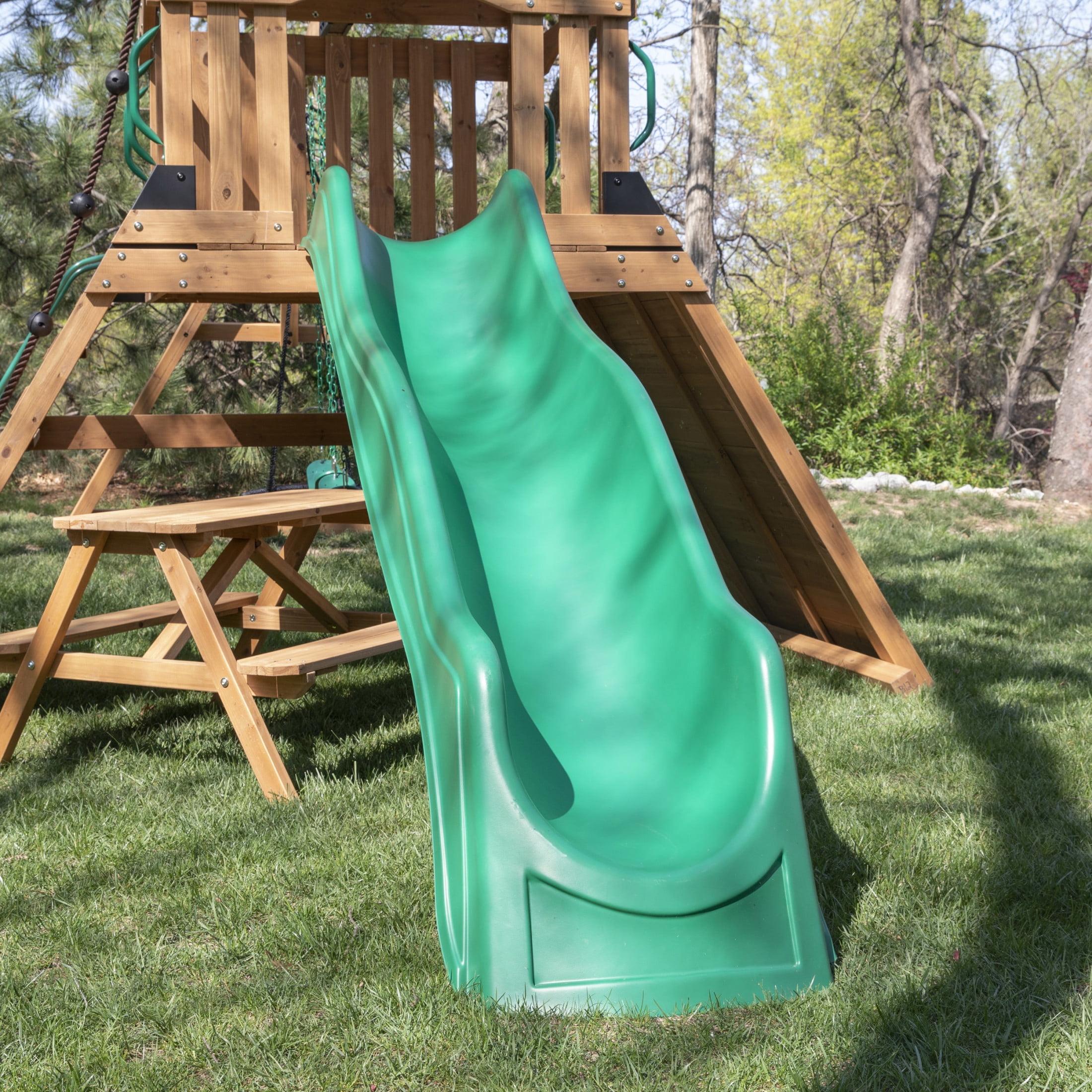 Backyard Discovery Endeavor II Cedar Wood Swing Set with Slide, Play Deck, and Double Rock Wall (Light Brown) cb9zs