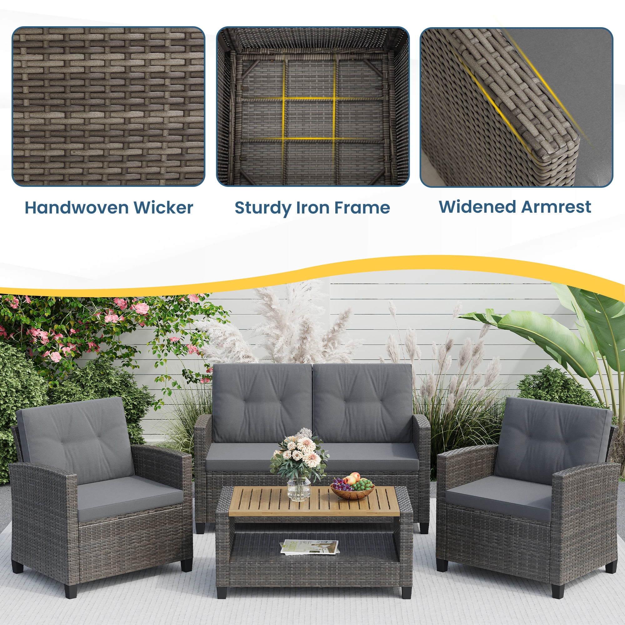 Heynemo 4-Piece Outdoor Patio Furniture Set, Rattan Conversation Set with Acacia Wood Coffee Table and Cushions (Gray, 4-Piece) bzx19
