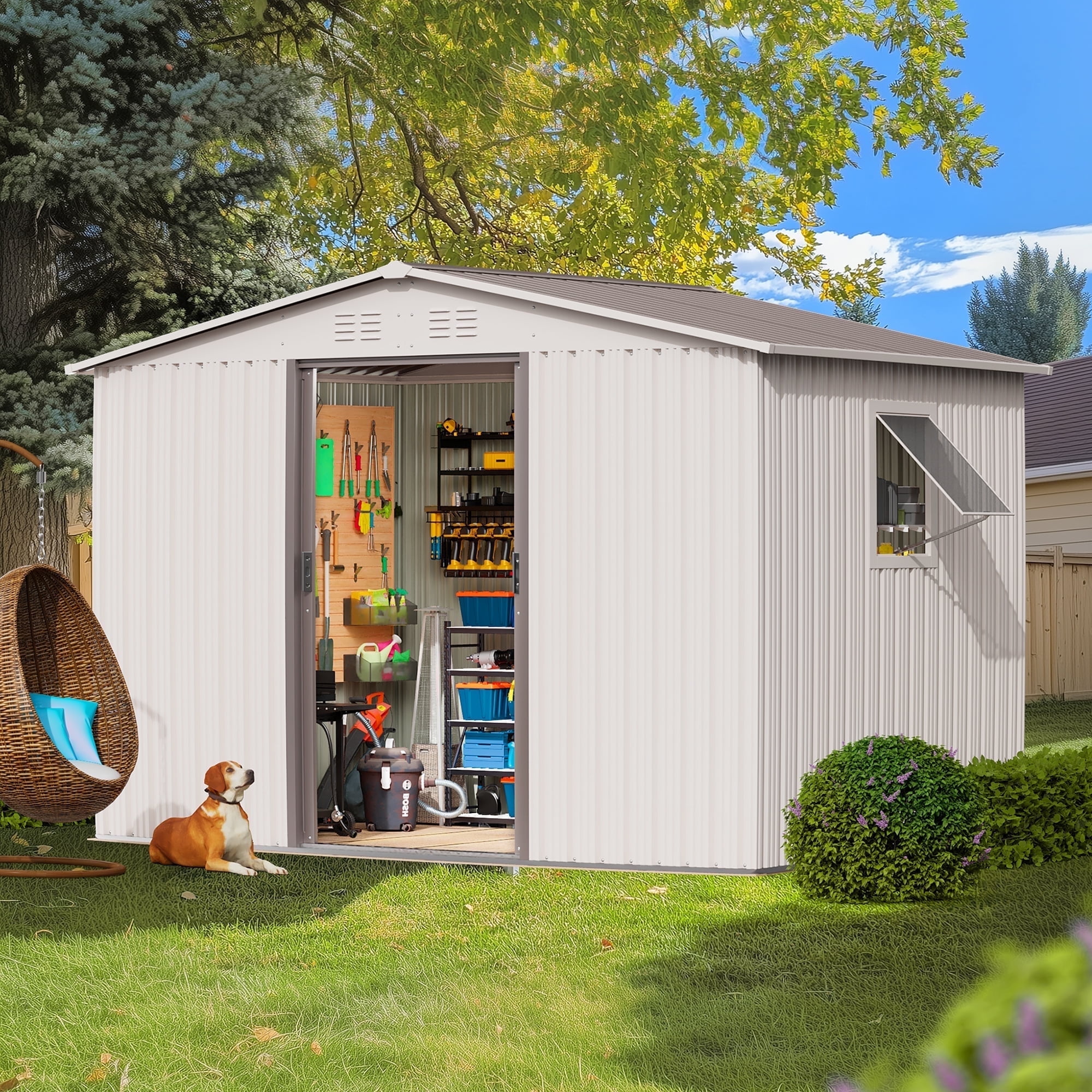 NICWIN Outdoor Steel Storage Shed, Weather-Resistant Metal Tool Shed with Windows and Air Vents (Creamy White, 6 ft x 8 ft) v9y35