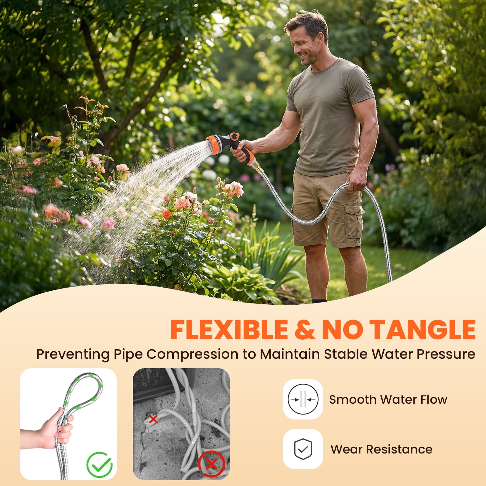 KOYMISKU Stainless Steel Garden Hose with 10-Mode Nozzle Sprayer (Silver, 50 ft) w3kcj