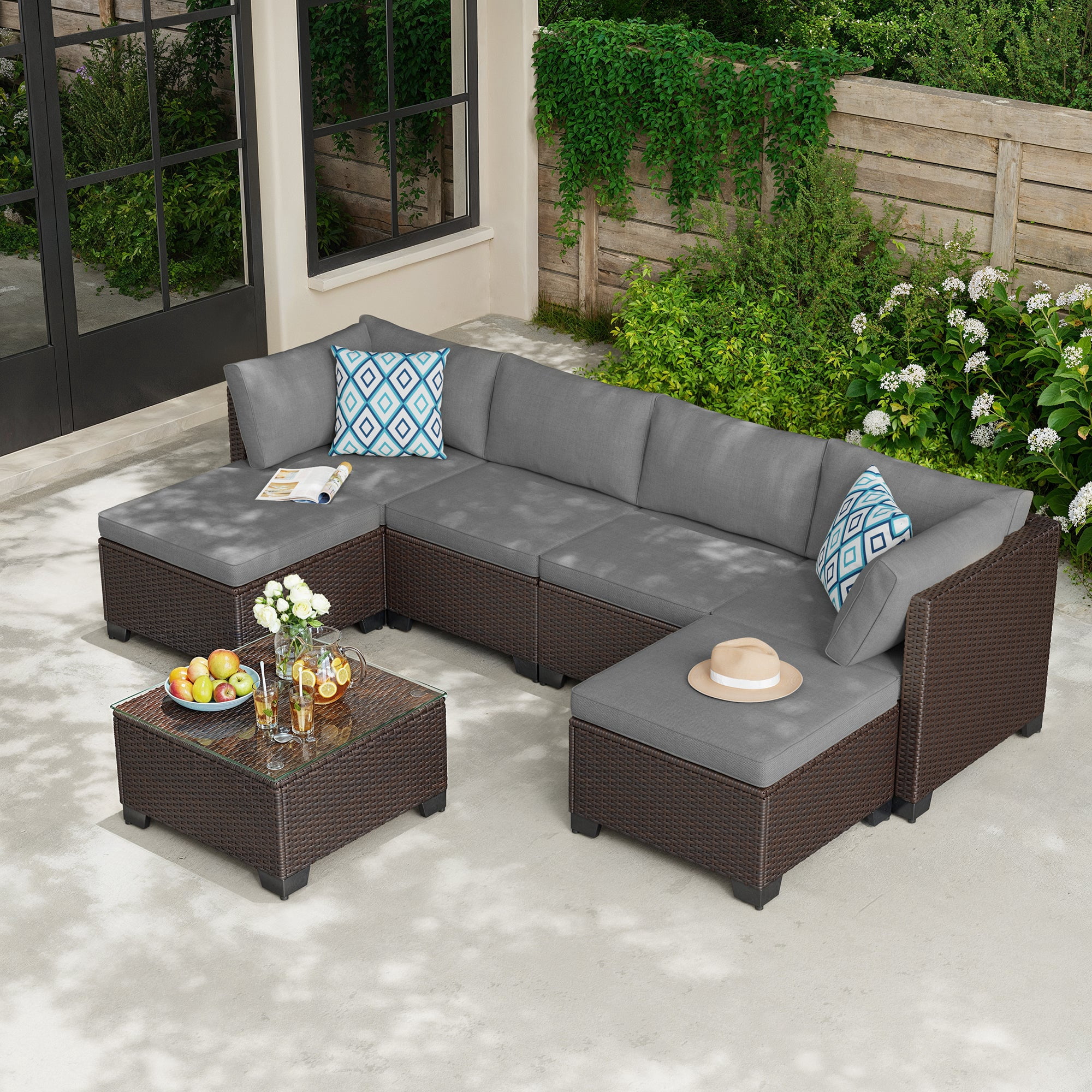 Aiho 7-Piece Patio Furniture Set, PE Rattan Outdoor Sectional Sofa with Cushions and Glass Coffee Table (Gray, 7-Piece) xw0wf