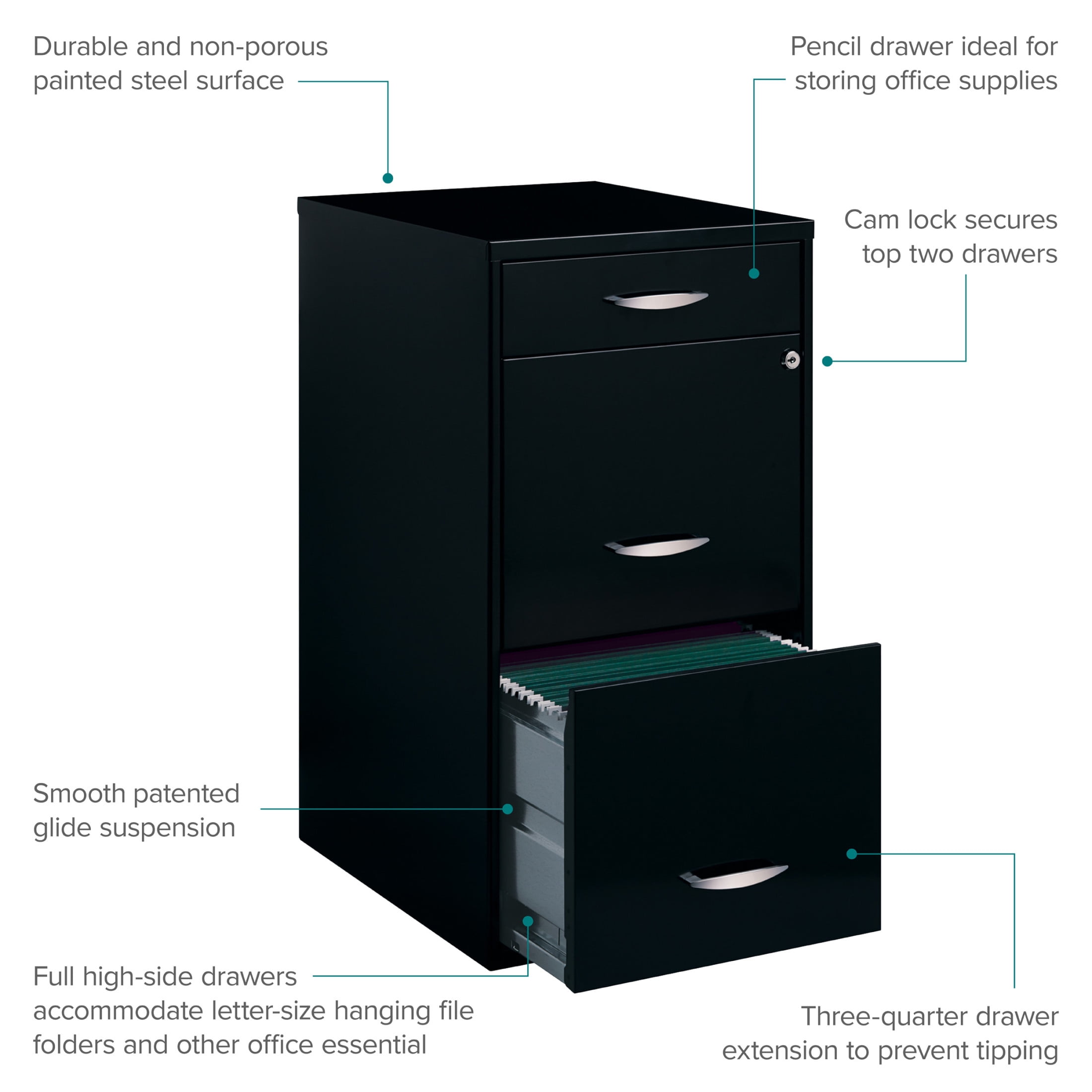 Space Solutions 3 Drawer Vertical File Cabinet with Pencil Drawer (Black, 18 in x 14 in x 27 in) 06h01