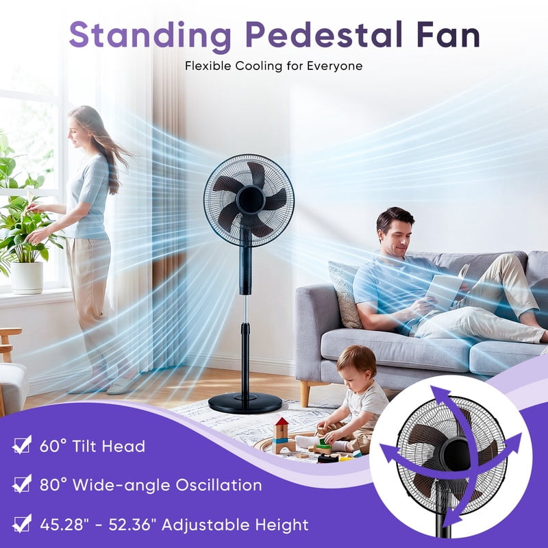 Gianna Quiet Pedestal Fan with Remote, Oscillating Standing Floor Fan for Bedroom and Home Office (Black, 52.4 in) cj1vq