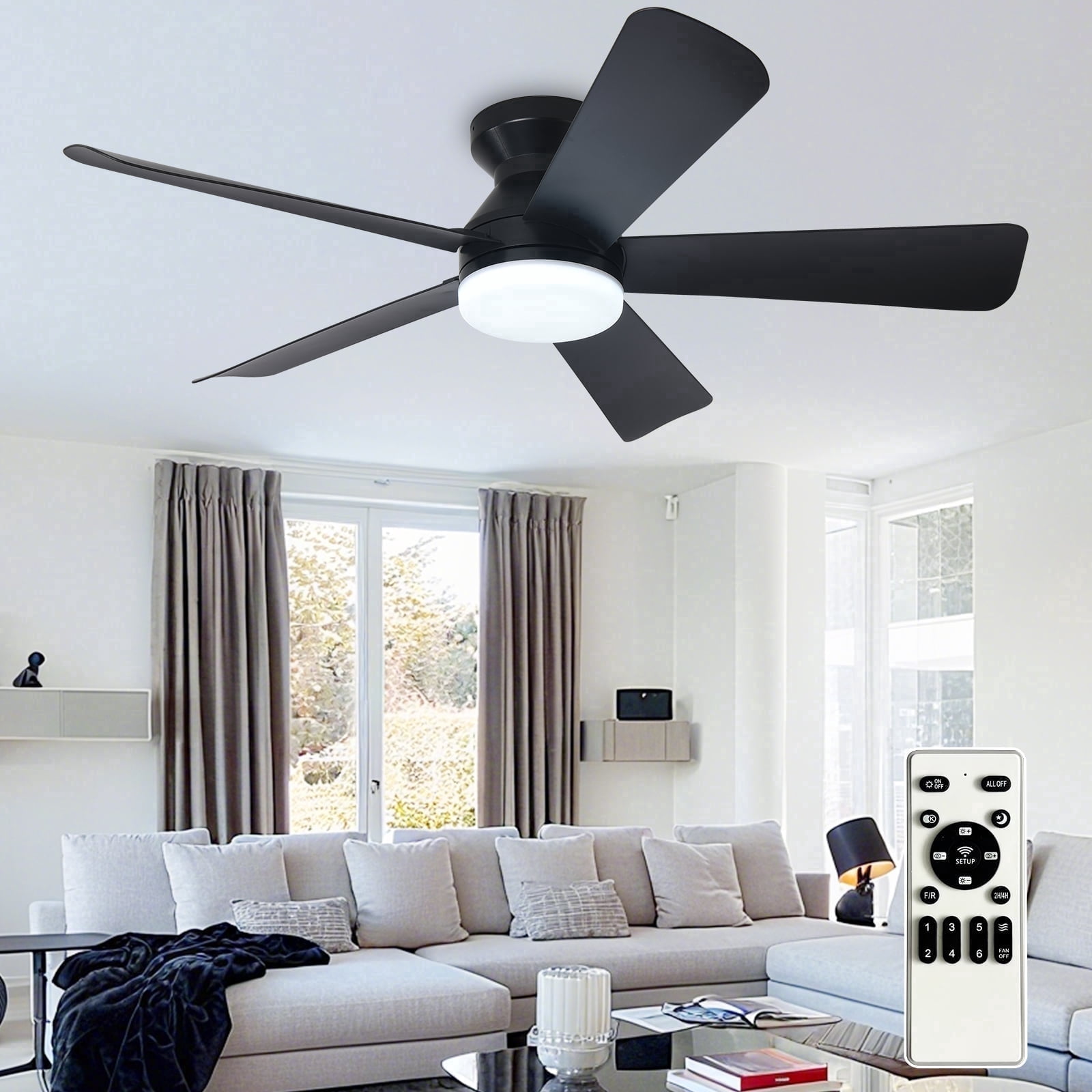 Depuley 42-Inch Low Profile Ceiling Fan with Dimmable LED Light, Quiet DC Motor, Remote Control (Black, 42 in) 7fr22