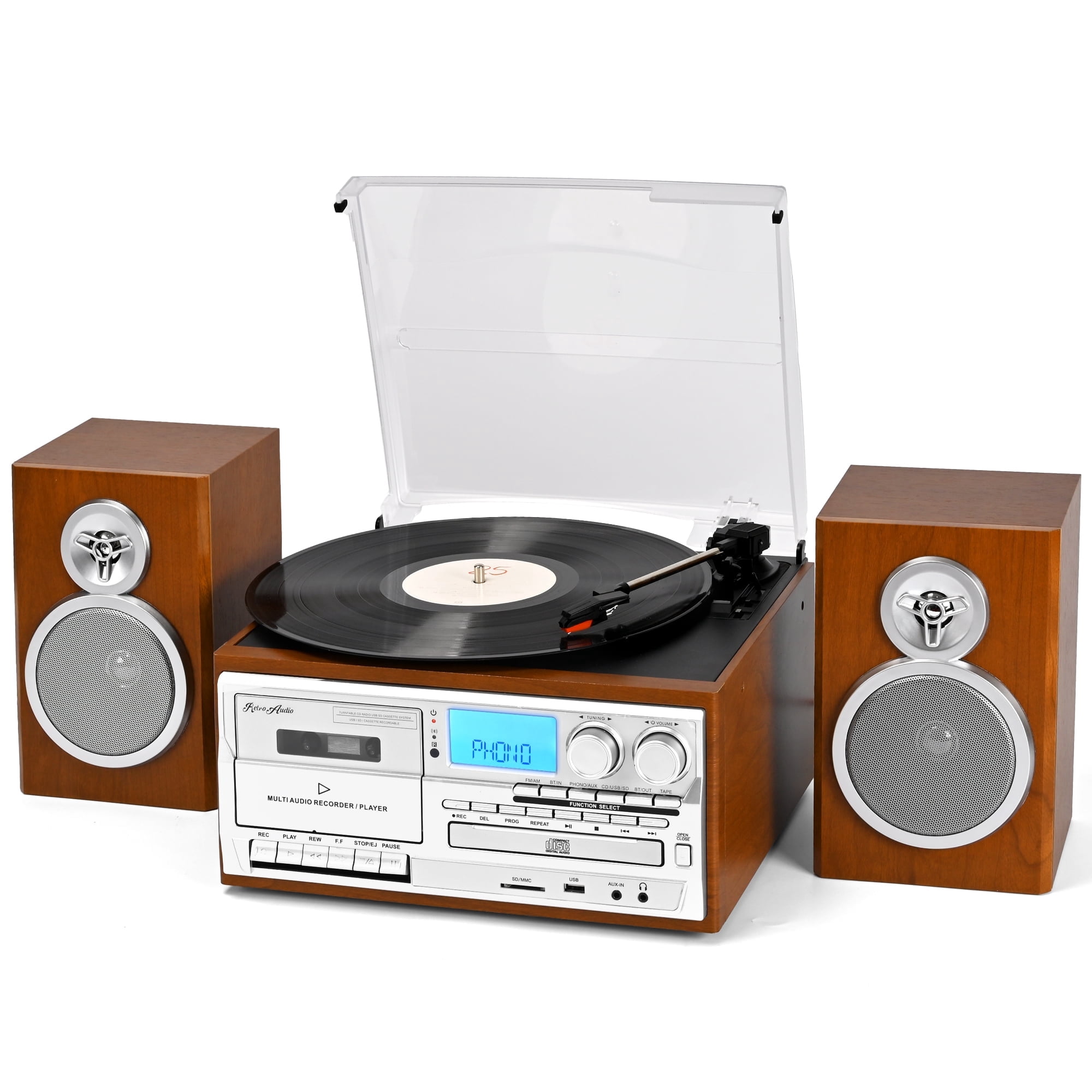 RetroAudio 10-in-1 Vintage Turntable System with Dual External Speakers, Bluetooth Connectivity, CD and Cassette Player (Brown) ltp6i
