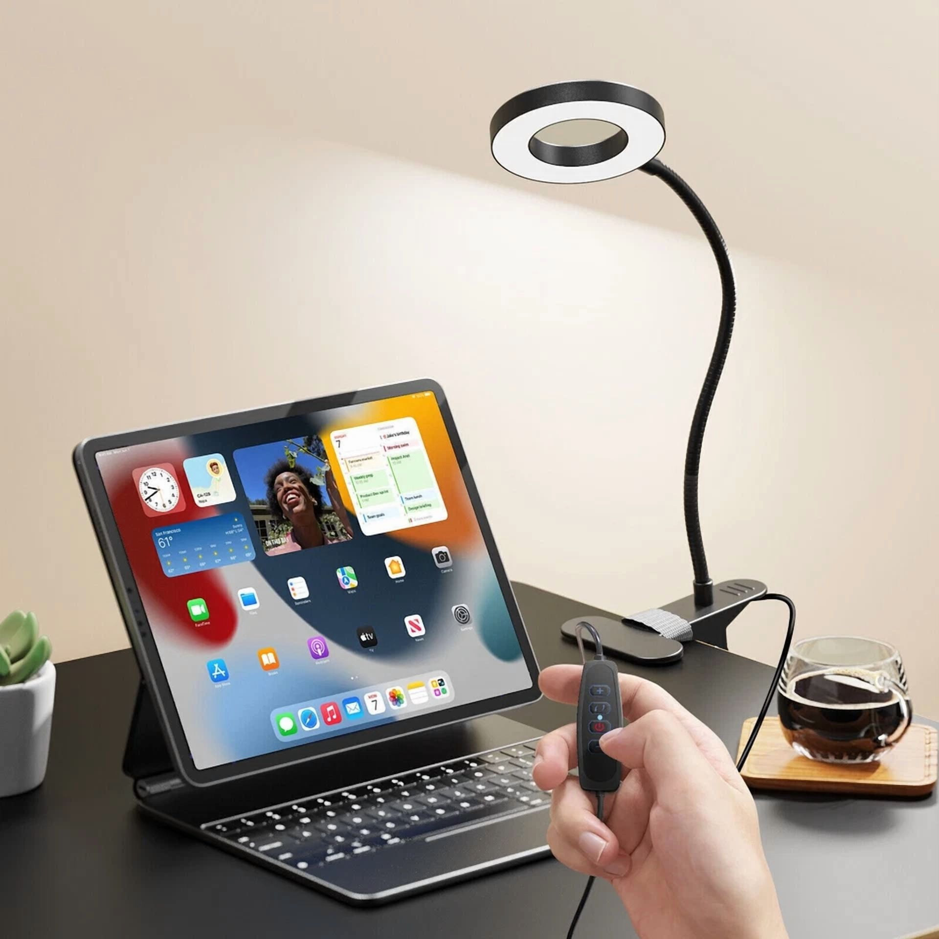 KLYNE Dimmable Clip On Desk Lamp with Gooseneck Arm and LED Ring Light (Black, 12 in) dsl4k