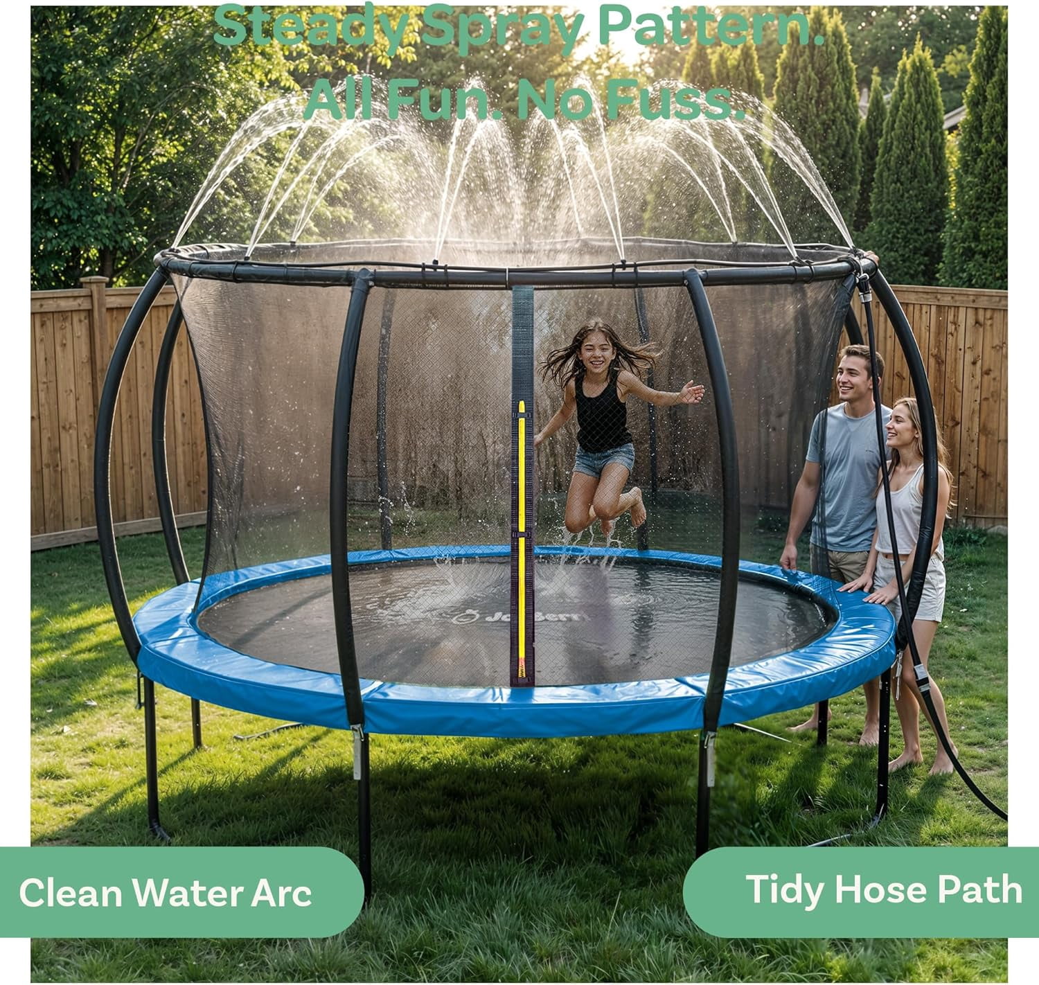 JoyBerri Outdoor Trampoline with Safety Enclosure, Ladder, LED Lights & Sprinkler (Blue, 15 ft) r0idr
