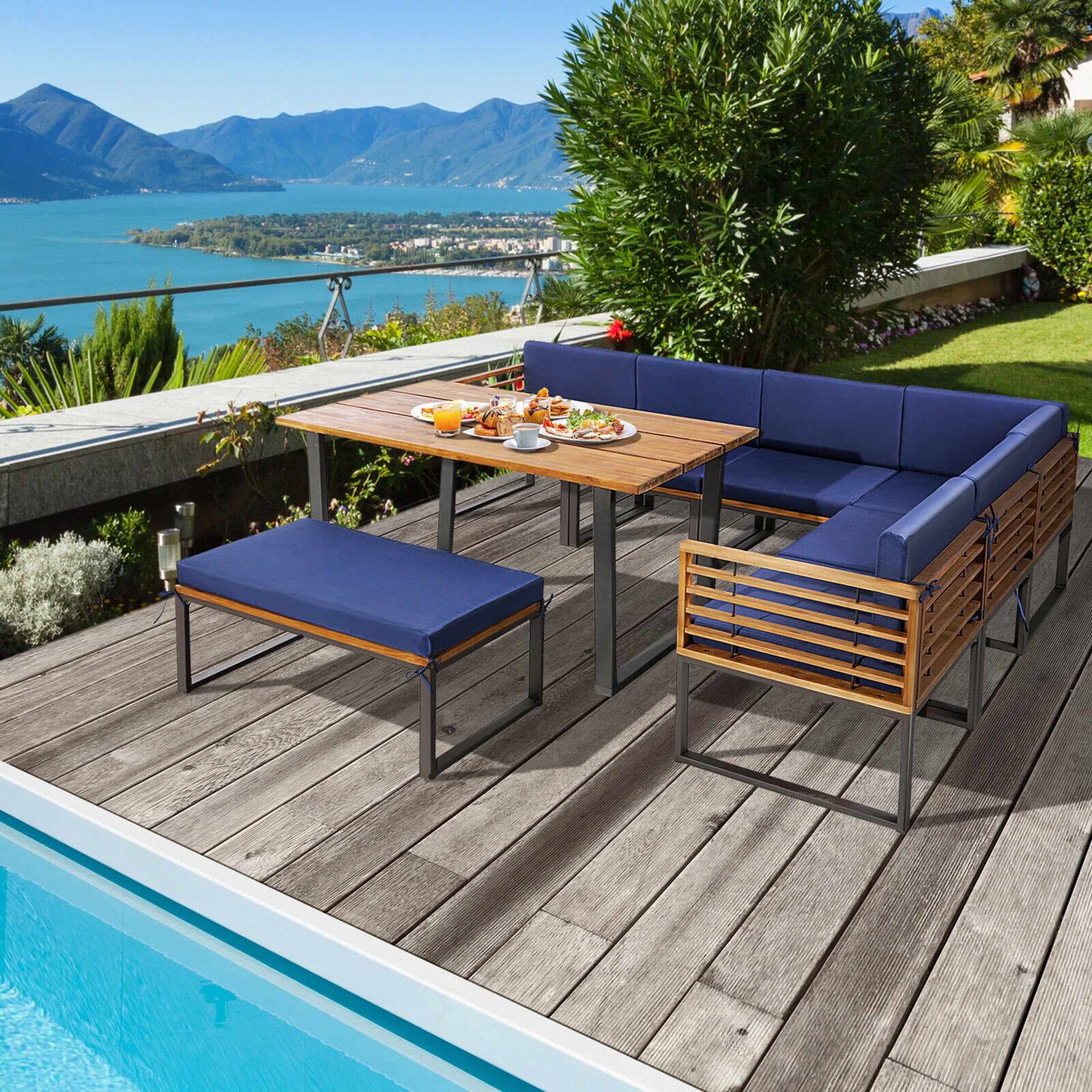 Gymax 8-Piece Patio Dining Set Acacia Wood L-Shaped Sectional Sofa with Navy Cushions (8-Piece Set) enb7g