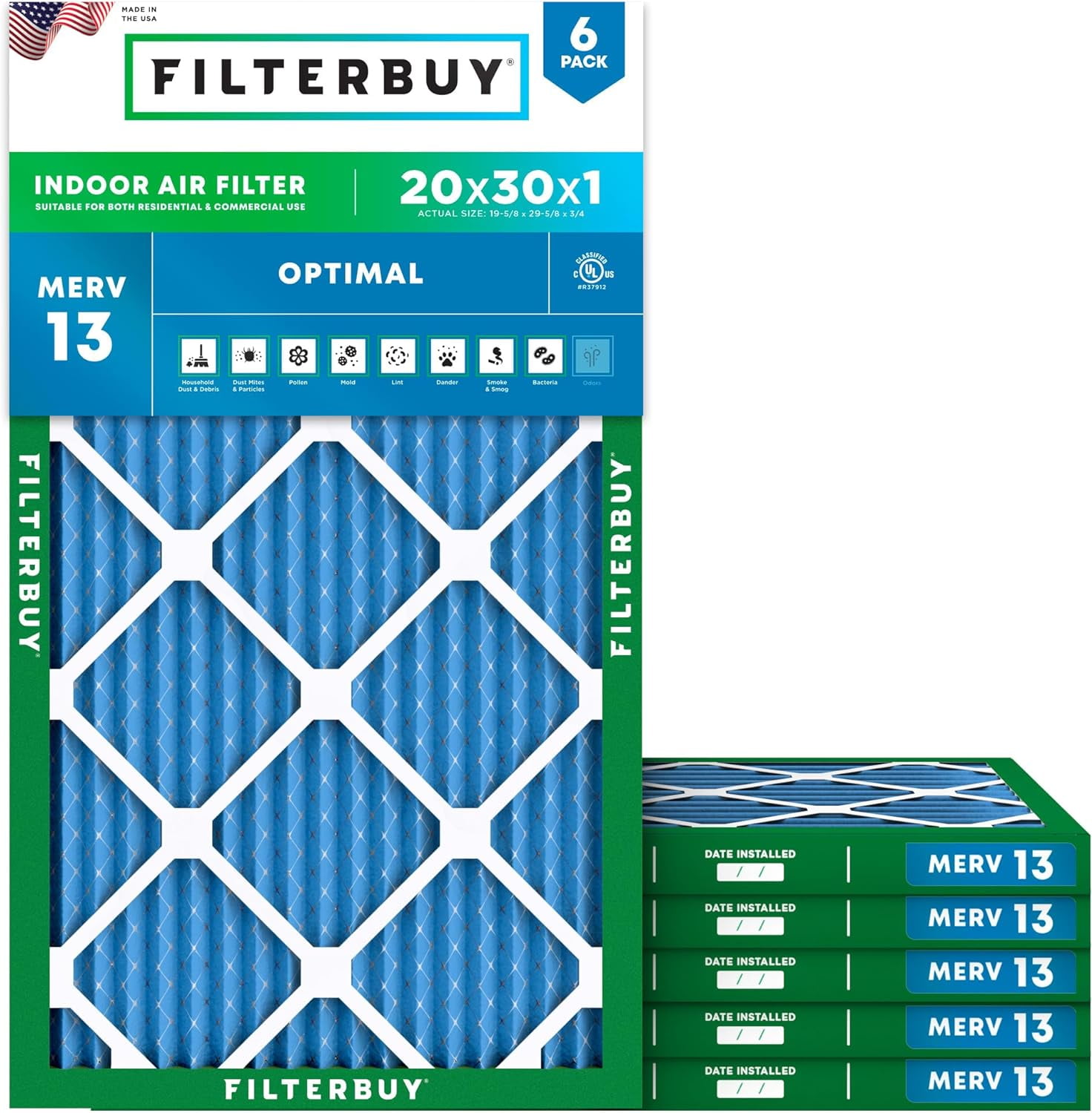 Filterbuy 20x30x1 MERV 13 Air Filter, Pleated HVAC Furnace Replacement (6-Pack, 19.63 in x 29.63 in x 0.75 in) npemn