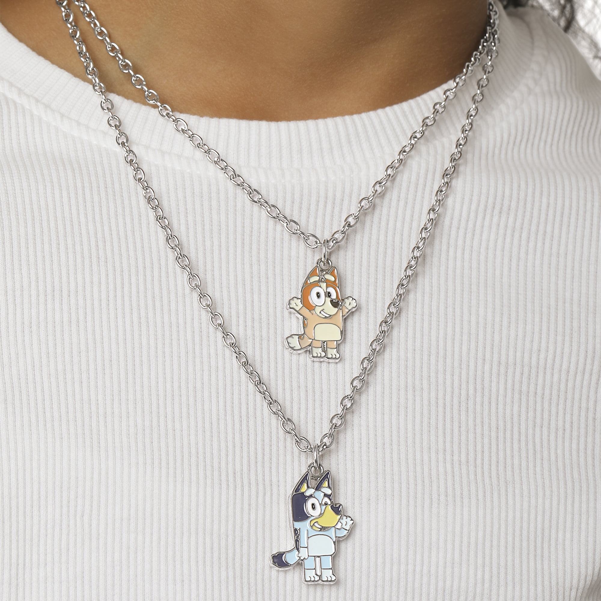 Bluey & Bingo Layered Pendant Necklace (Silver Tone, 16 in) 4ic7m