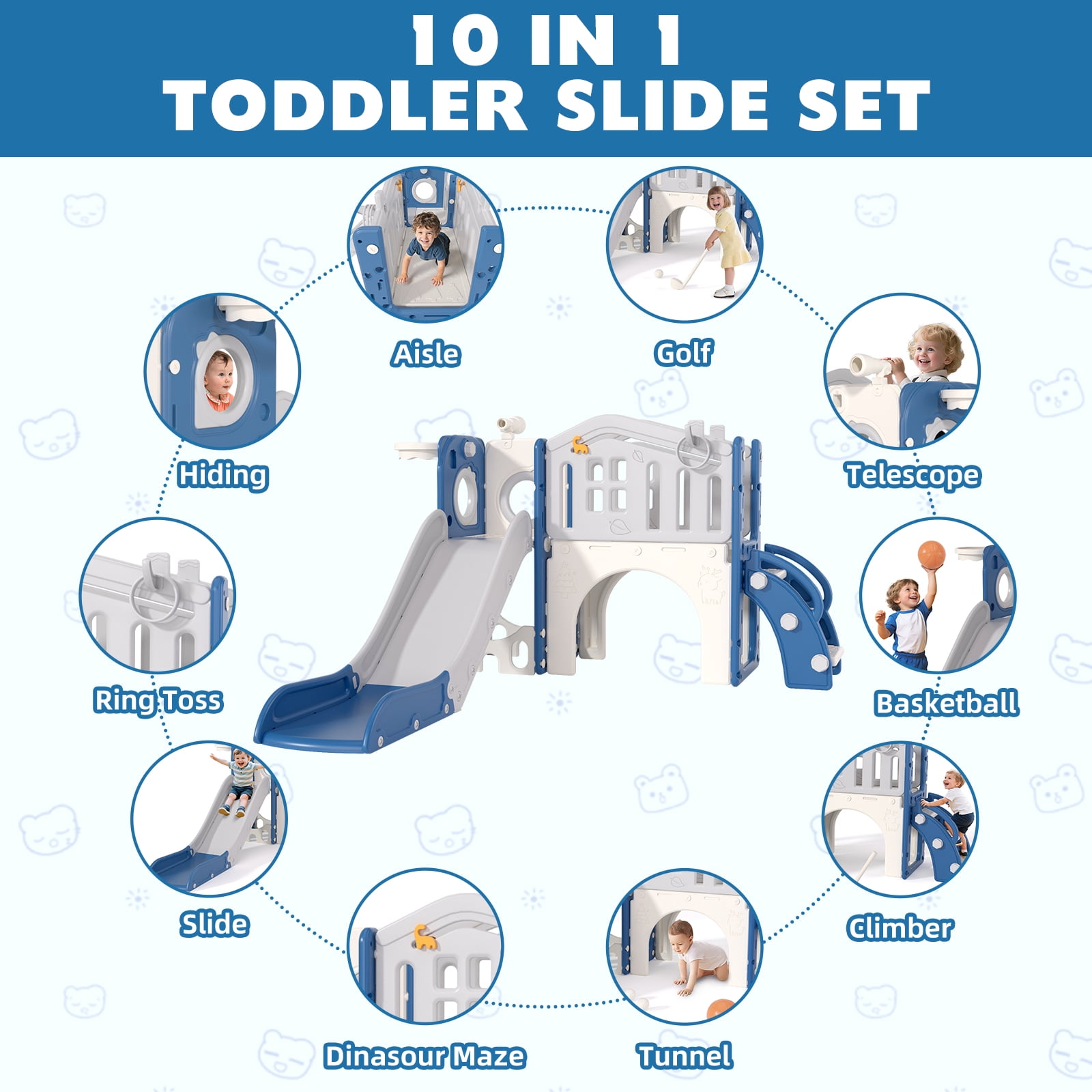 XJD 10-in-1 Toddler Slide and Activity Playset, Indoor and Outdoor Playground with Basketball Hoop and Climbing Zone (Blue and Gray) 125sk