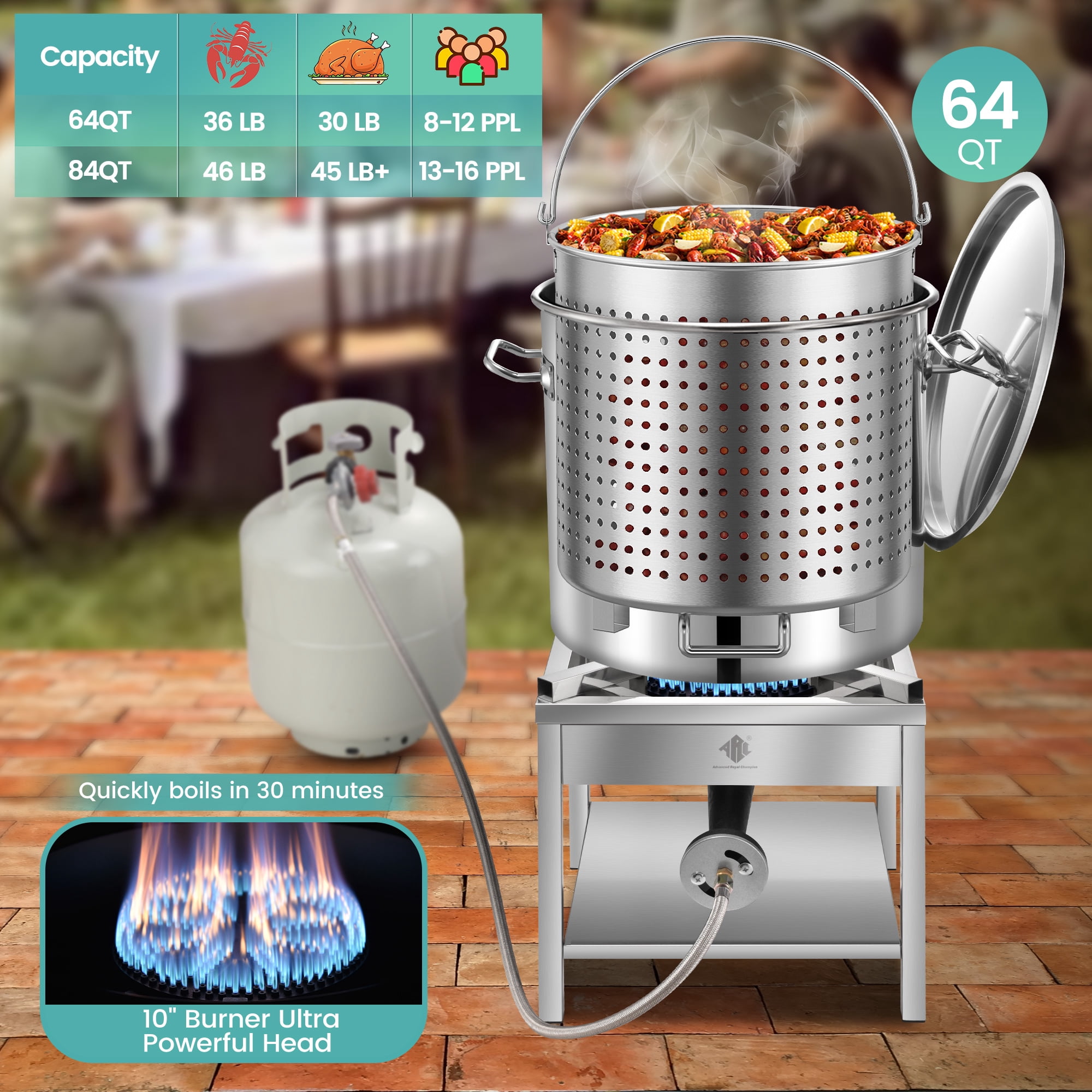 ARC USA 64QT Stainless Steel Seafood Boil Pot with 200,000BTU Propane Burner and Basket (Silver, 64QT) gb80q