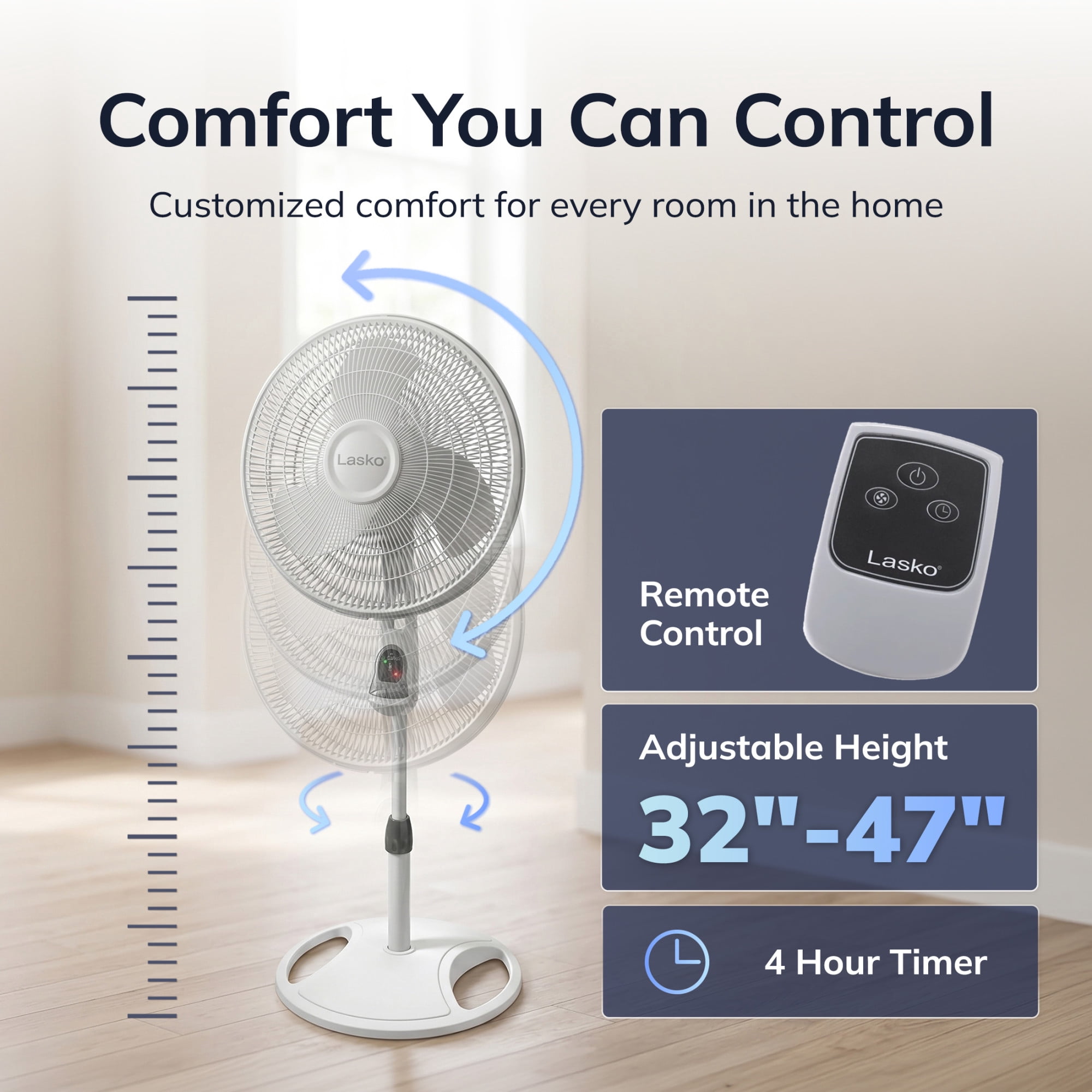 Lasko 16-inch Quiet Oscillating Pedestal Fan with Remote Control and Adjustable Height (White, 16 in) 7czh8