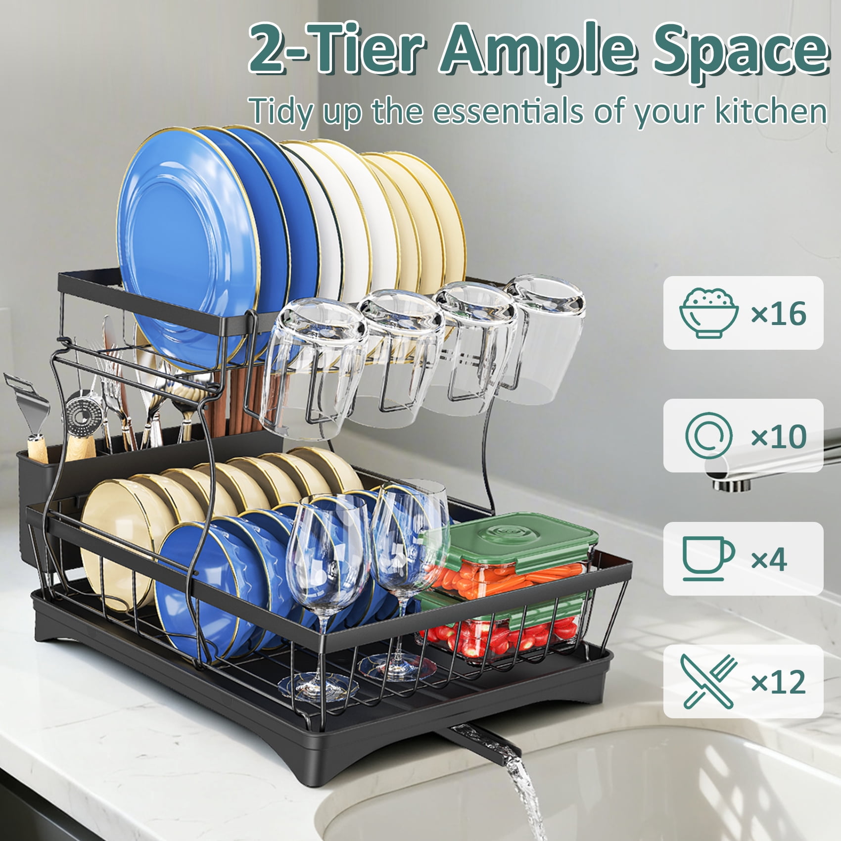 Glovv 2-Tier Dish Drying Rack, Heavy-Duty Kitchen Counter Organizer with Auto Drainage System (Black, 15.75 in x 11 in x 12.4 in) 7vwg1