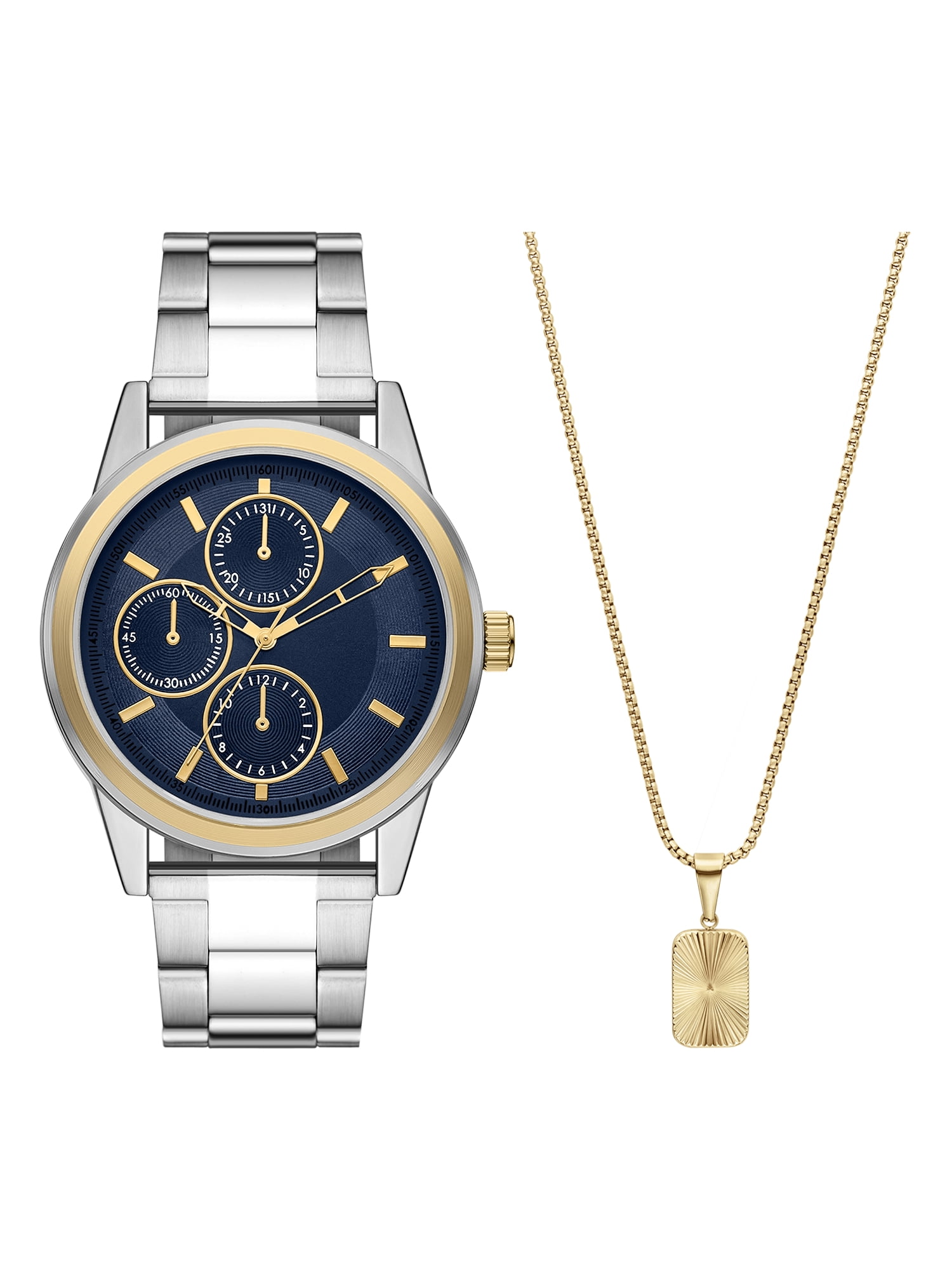 Folio Men's Two-Tone Stainless Steel Watch and Pendant Necklace Gift Set (Silver/Gold, 44mm) uh5fh