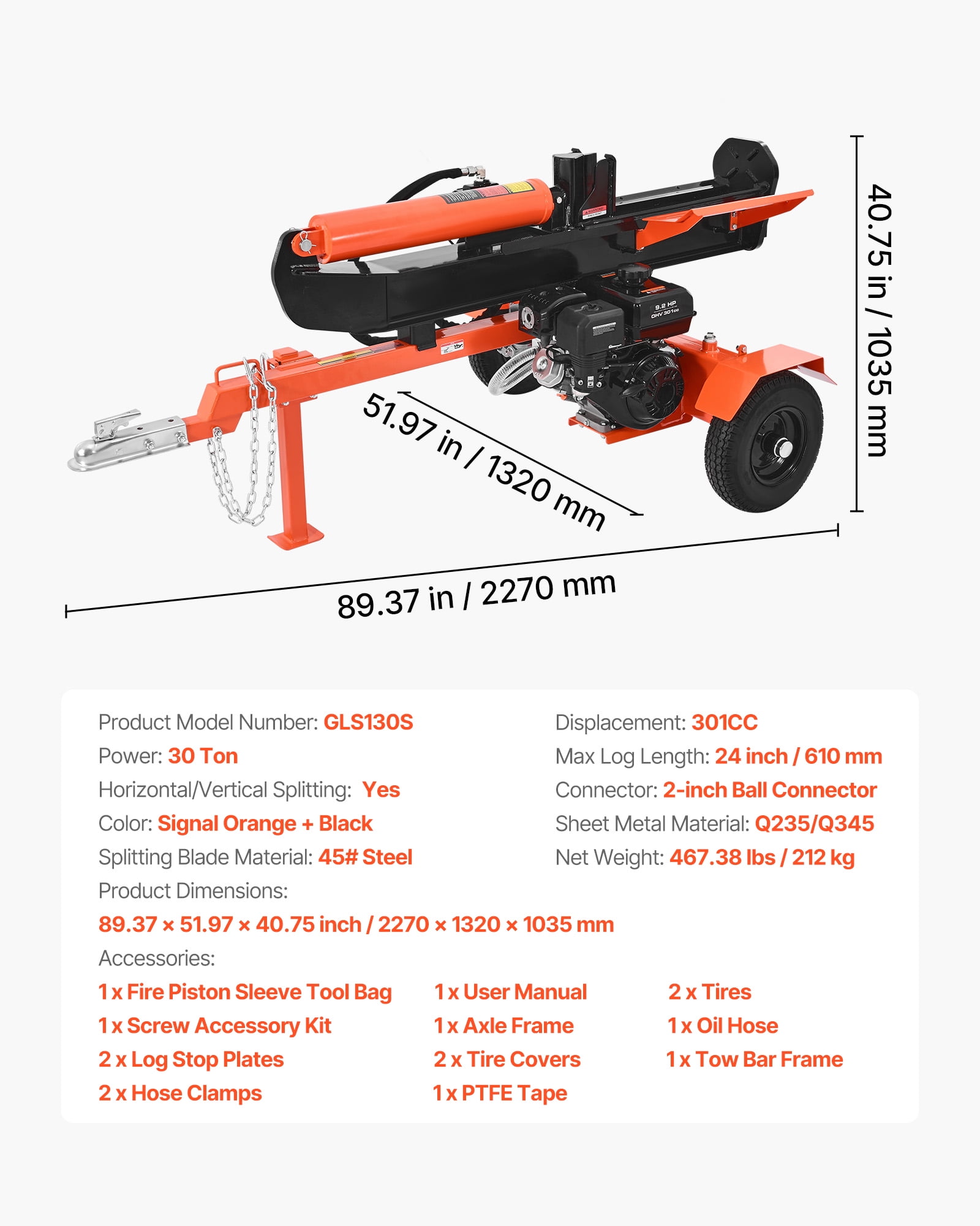 VEVOR 30 Ton Log Splitter, Gas Powered Wood Splitting Machine with 306cc Engine, Vertical & Horizontal Operation (Black, 24 in Max Log Capacity) pwvwp