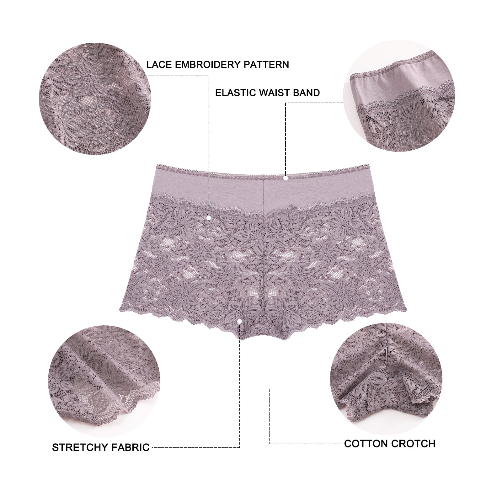 Finetoo Women's Lace Boyshort Panties Breathable Floral Embroidery Cheeky Underwear (Assorted Colors, 6 Pack) i8pwe