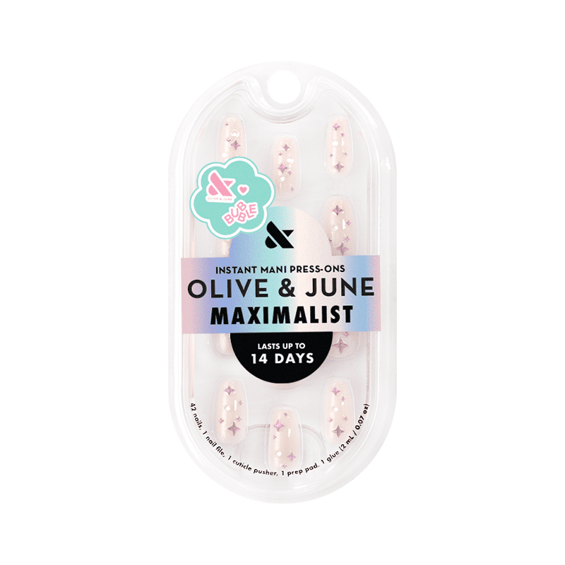 Olive & June Press-on Nails, Instant Mani Medium Coffin Shape, Puffy Sparkles & Pearls (Blue, 42 Pieces) fqcwf