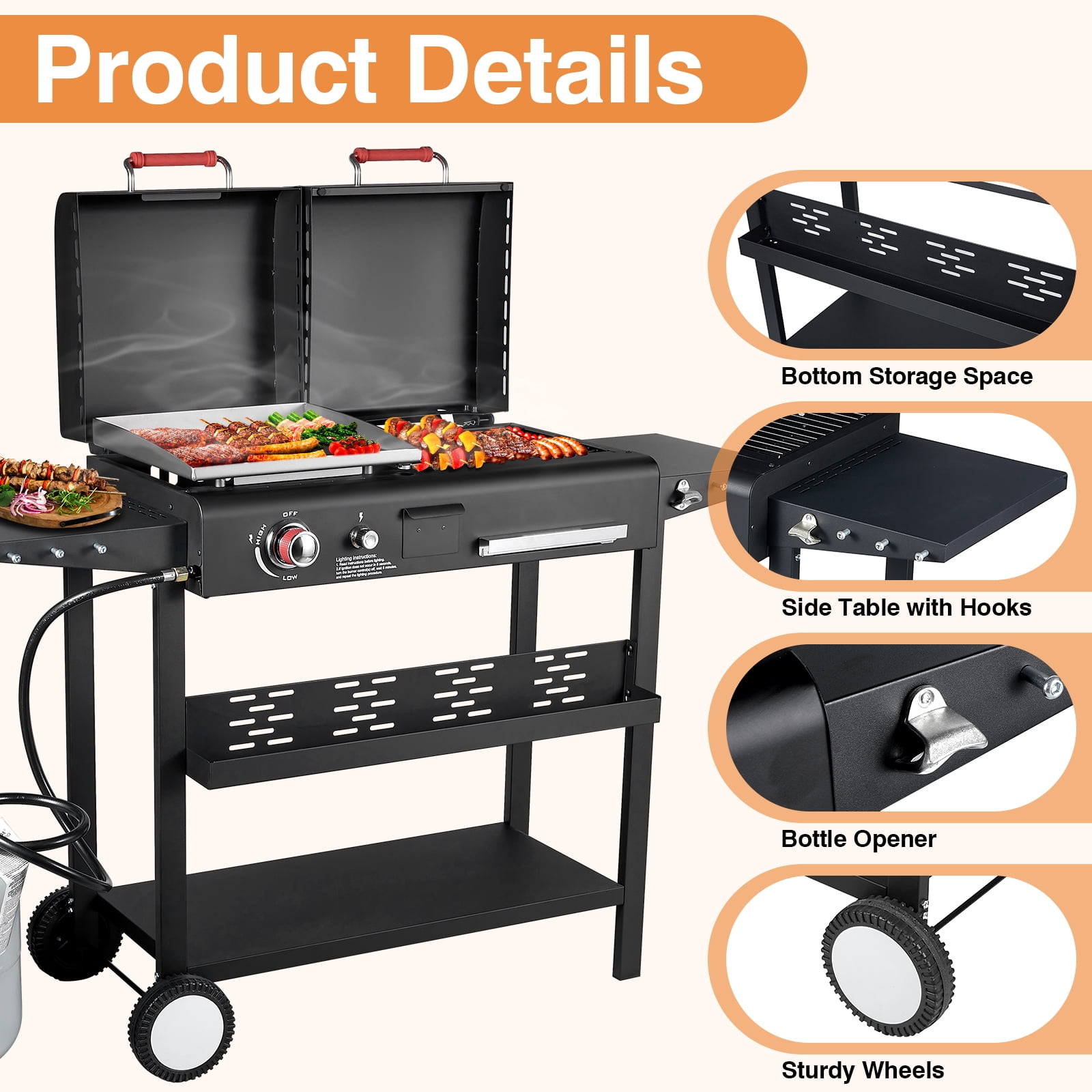 SIXDAYSOX Dual Fuel Charcoal and Propane Grill Combo with Dual Lids (Black, 327 sq in) 3sz05