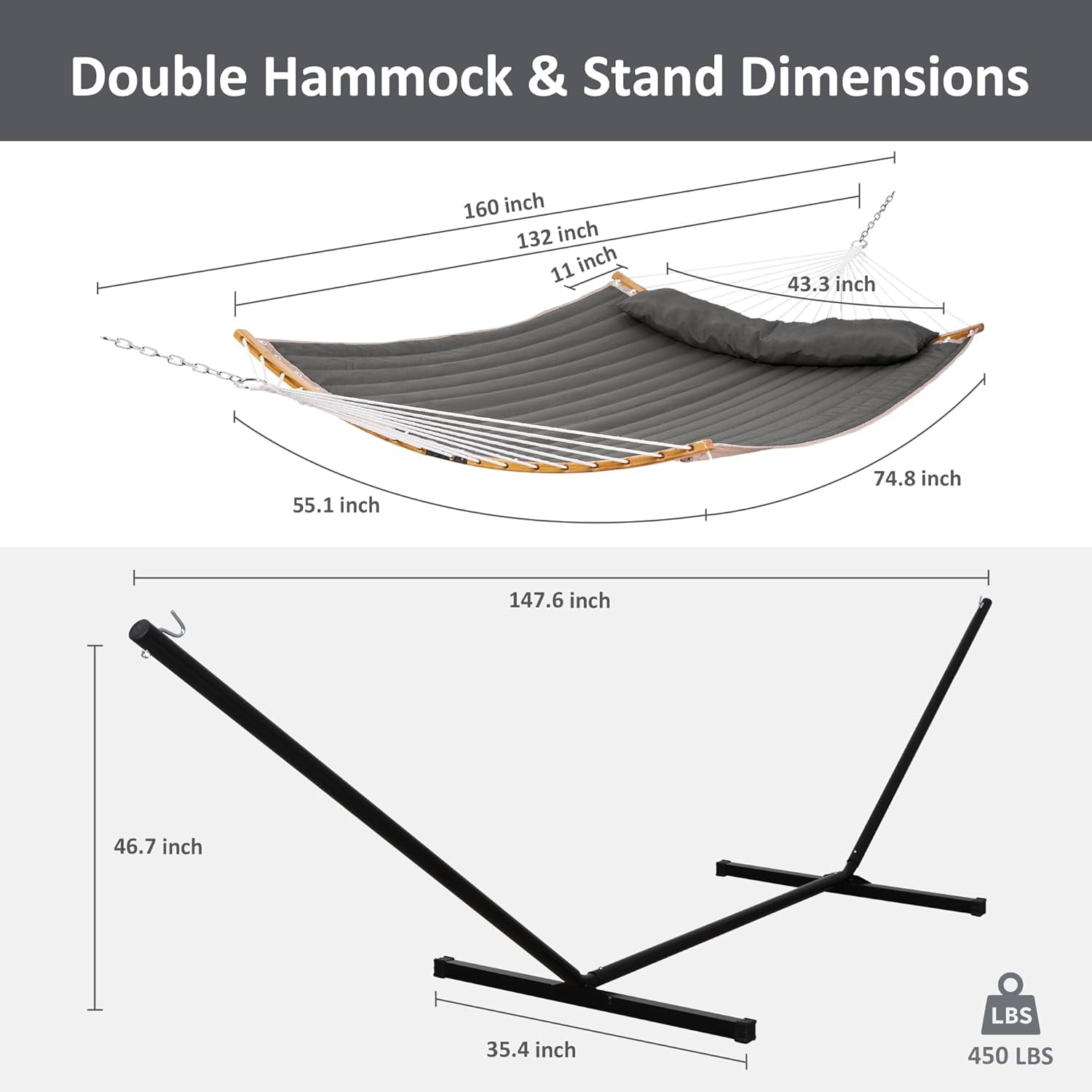 SUNCREAT Double Portable Hammock with Stand (2 Person, Dark Gray, 55 in) s08ib
