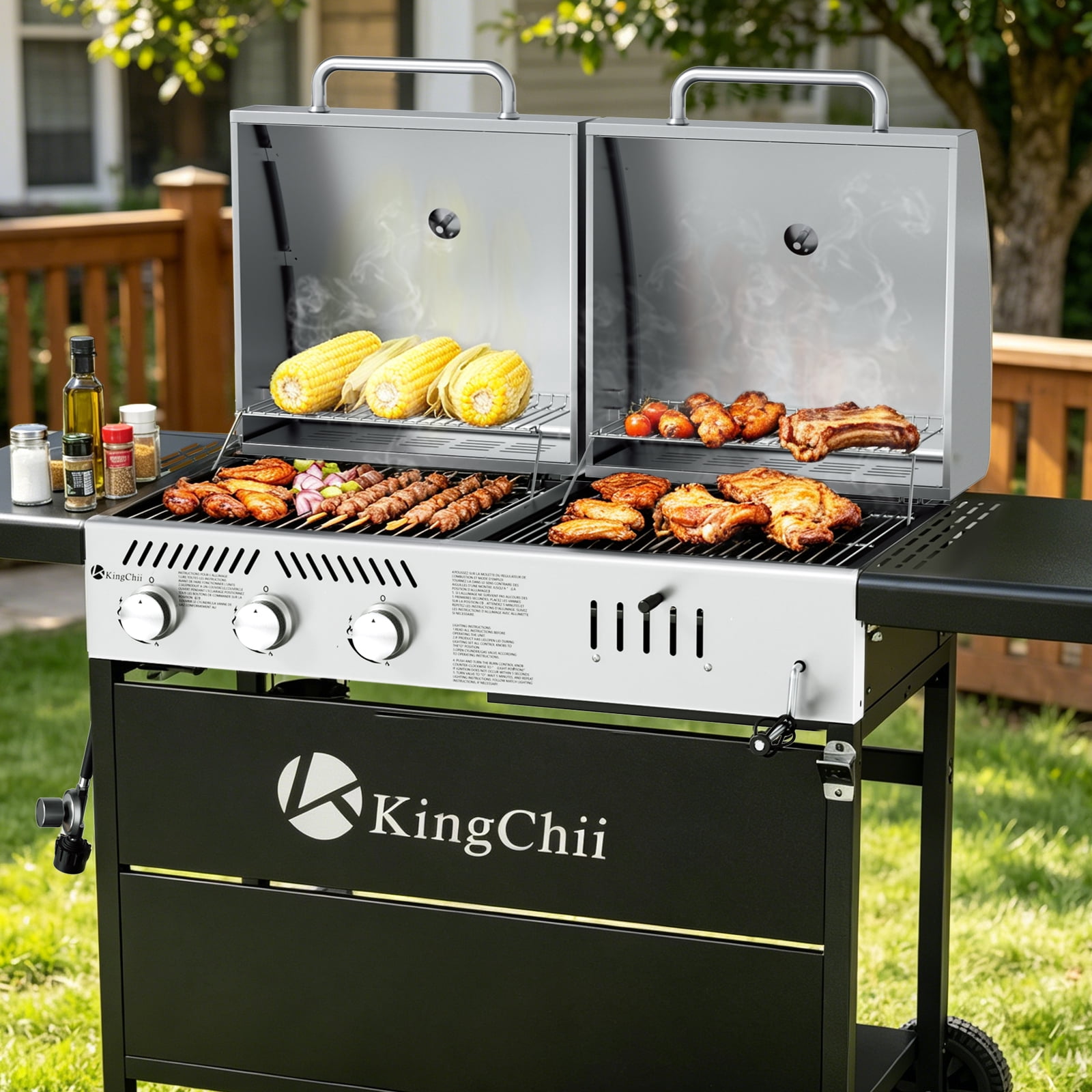 KingChii Gas and Charcoal Grill Combo, Dual Fuel 3-Burner BBQ Smoker with Side Burner (Black and Silver, 61 in L x 38.6 in H x 22.4 in W) 9qf5s