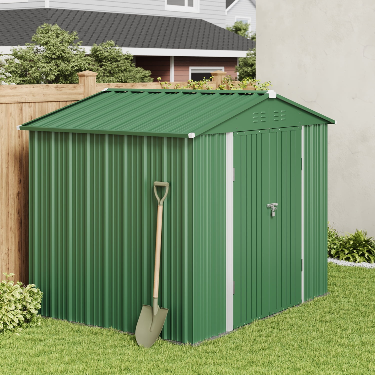 Asofer Outdoor Storage Shed, Galvanized Metal Garden Utility House with Double Lockable Doors (Green, 8 x 6 ft) 5tyxo