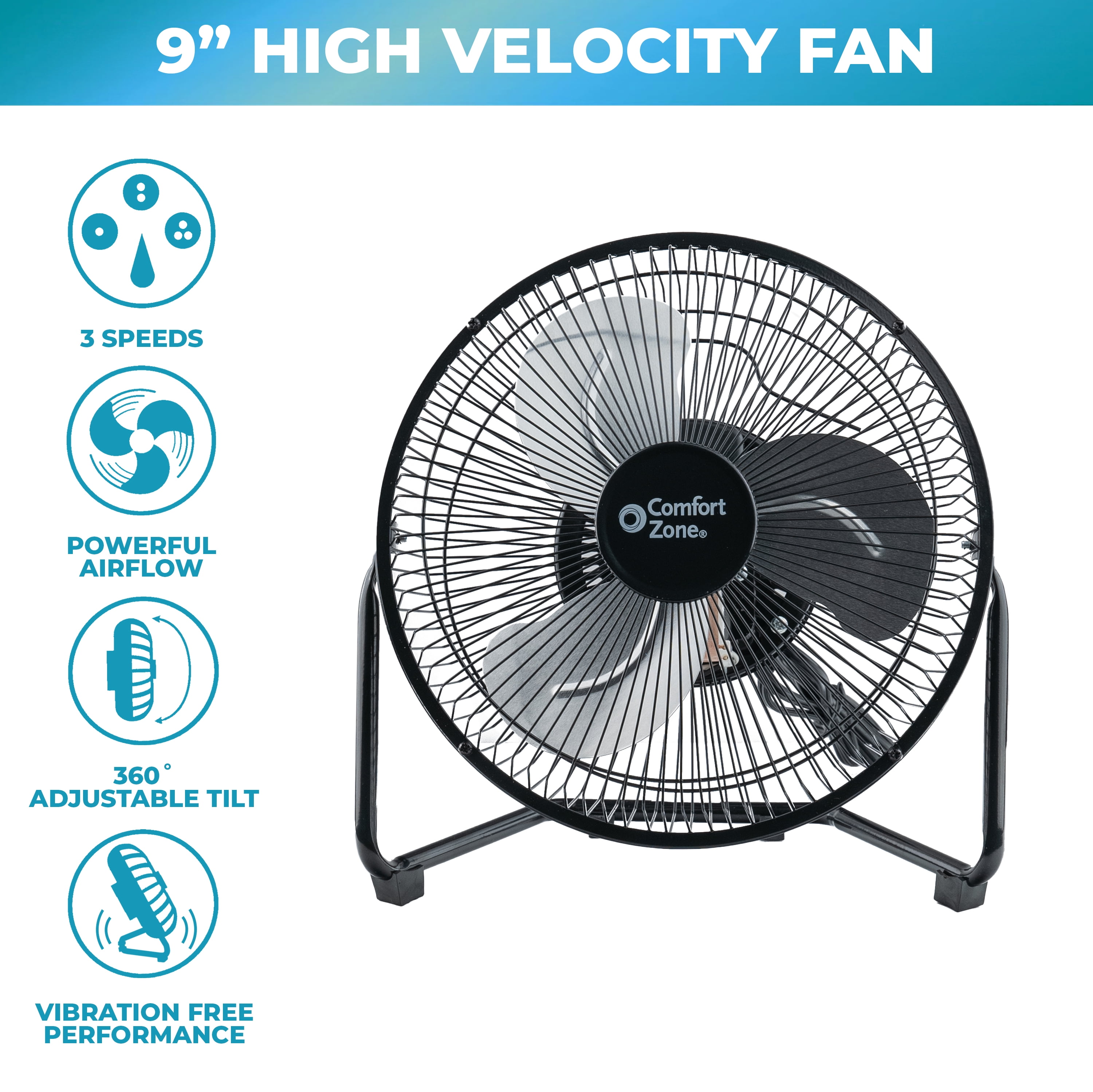 Comfort Zone 9 in. Cradle Floor Fan, 3-Speed Electric Air Circulator with Adjustable Tilt (Black, 11.4 in. Height) 4mppg