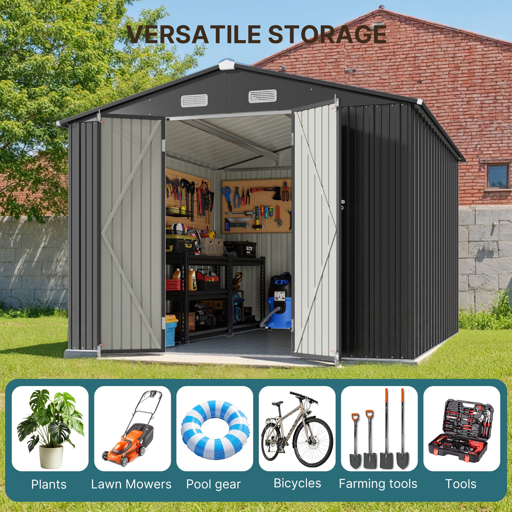 Lofka 10x10 ft Outdoor Storage Shed, Waterproof Galvanized Steel Garden Shed with Lockable Doors (Dark Gray) n2te0