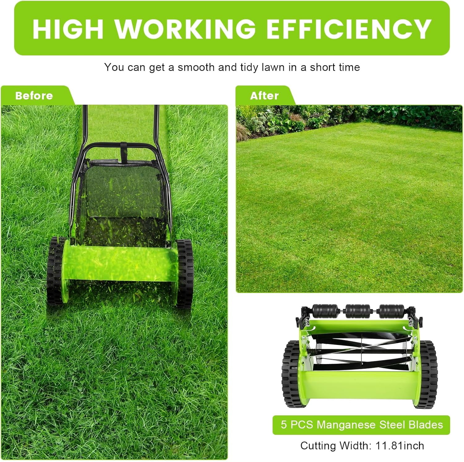Generic Manual Lawn Mower Push Reel Grass Cutter with Adjustable Height and Collection Bag (Green, 12 in) lfryg