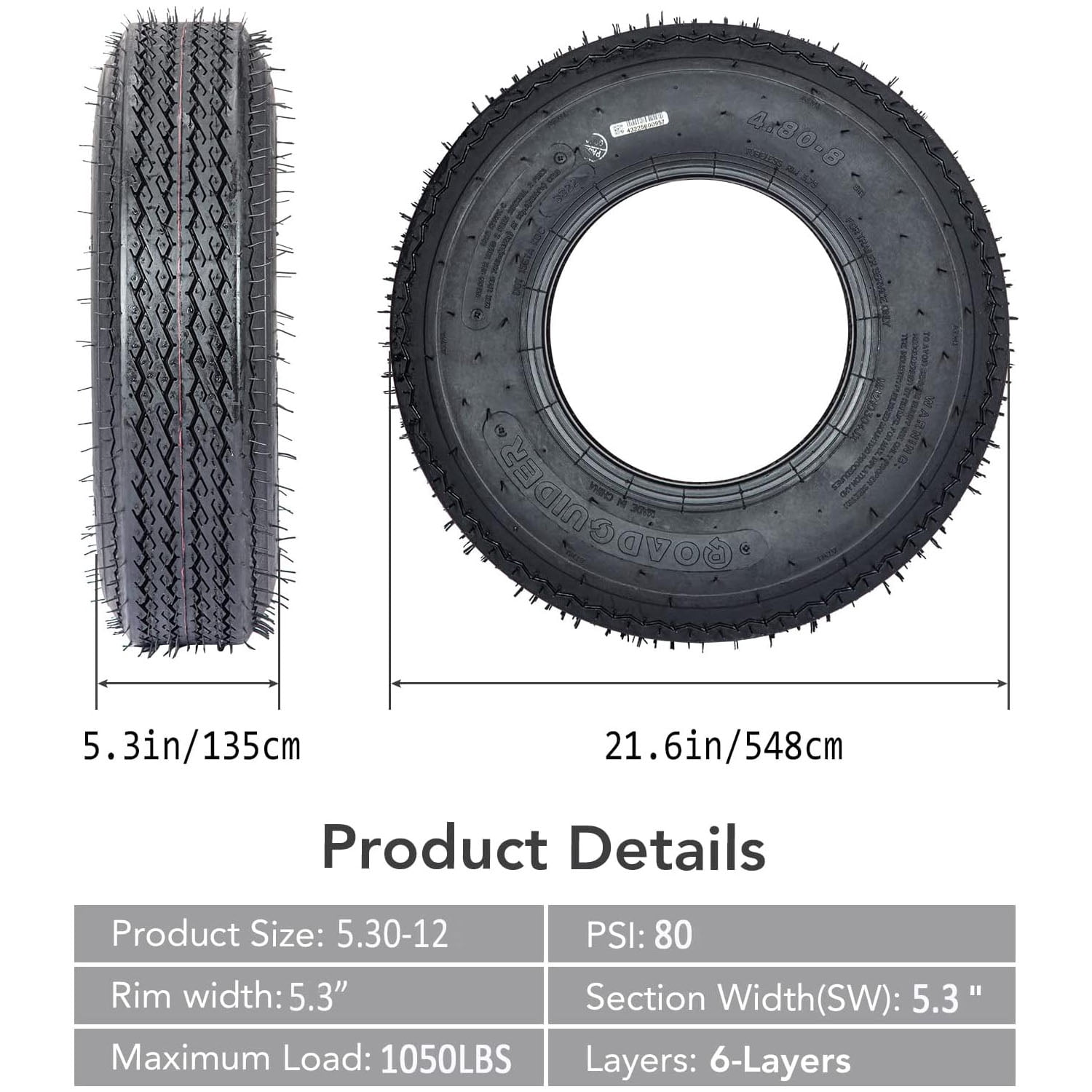 Telyswee 5.30-12 Trailer Tires (Load Range C, 6PR, Black, Set of 2) imp5e