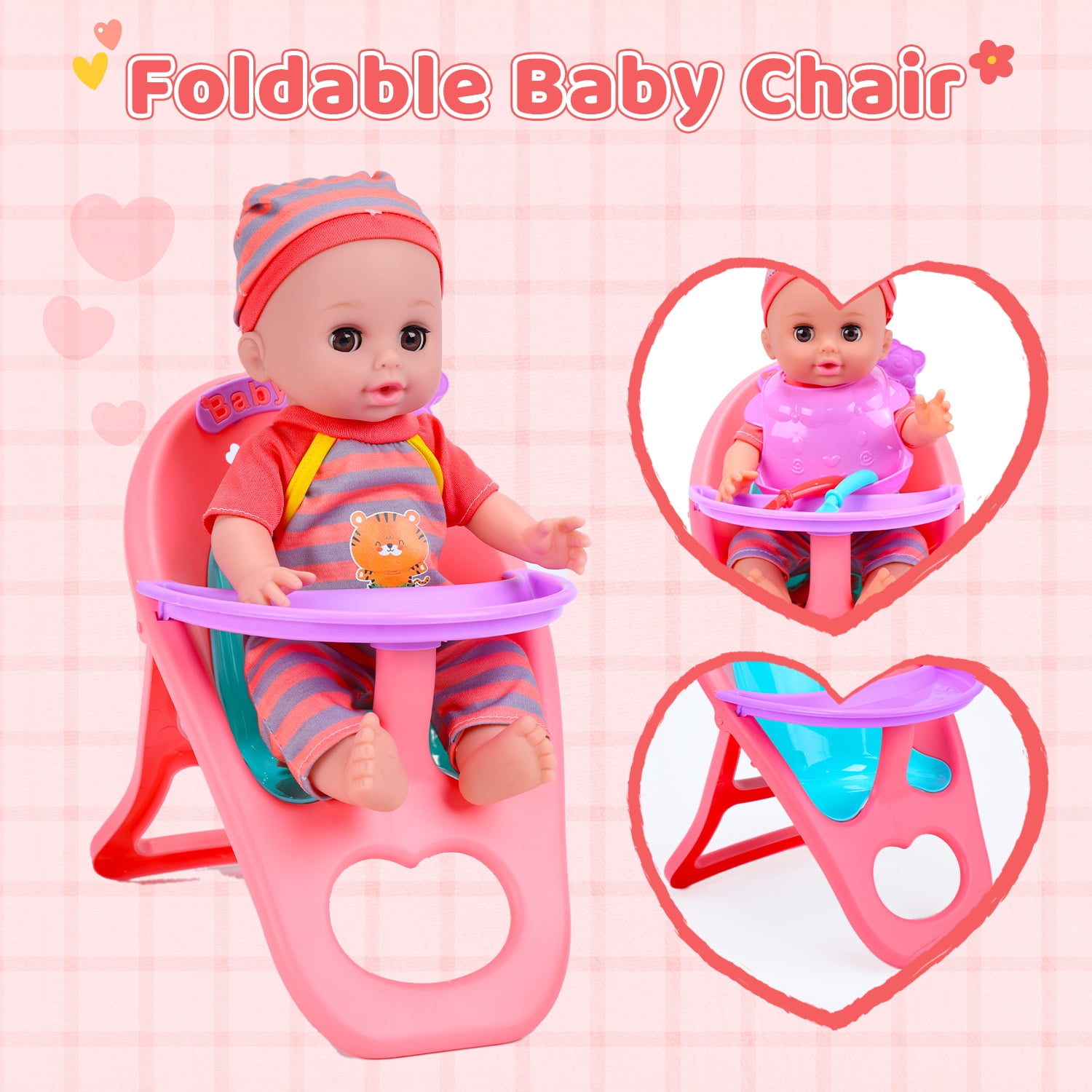 JoyStone Baby Doll Play Set with 12.5 in Doll, 21 in Foldable Stroller, High Chair, and 35 PCS Accessories (Multicolor, 12.5 in) rusm0