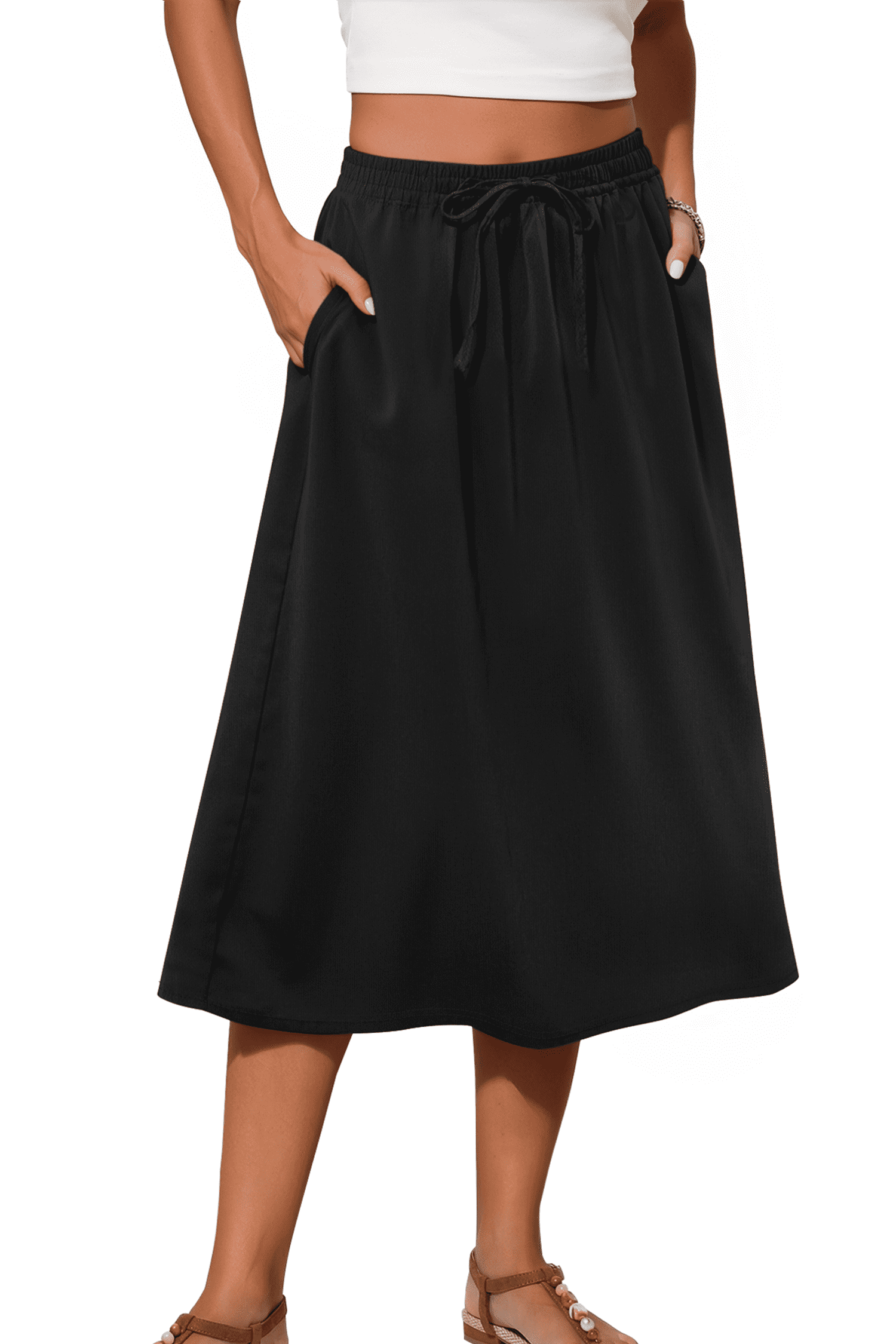 Fantaslook Womens Midi Skirt High Waisted Flowy A-Line Skirt with Pockets (Black, M) xuzn2