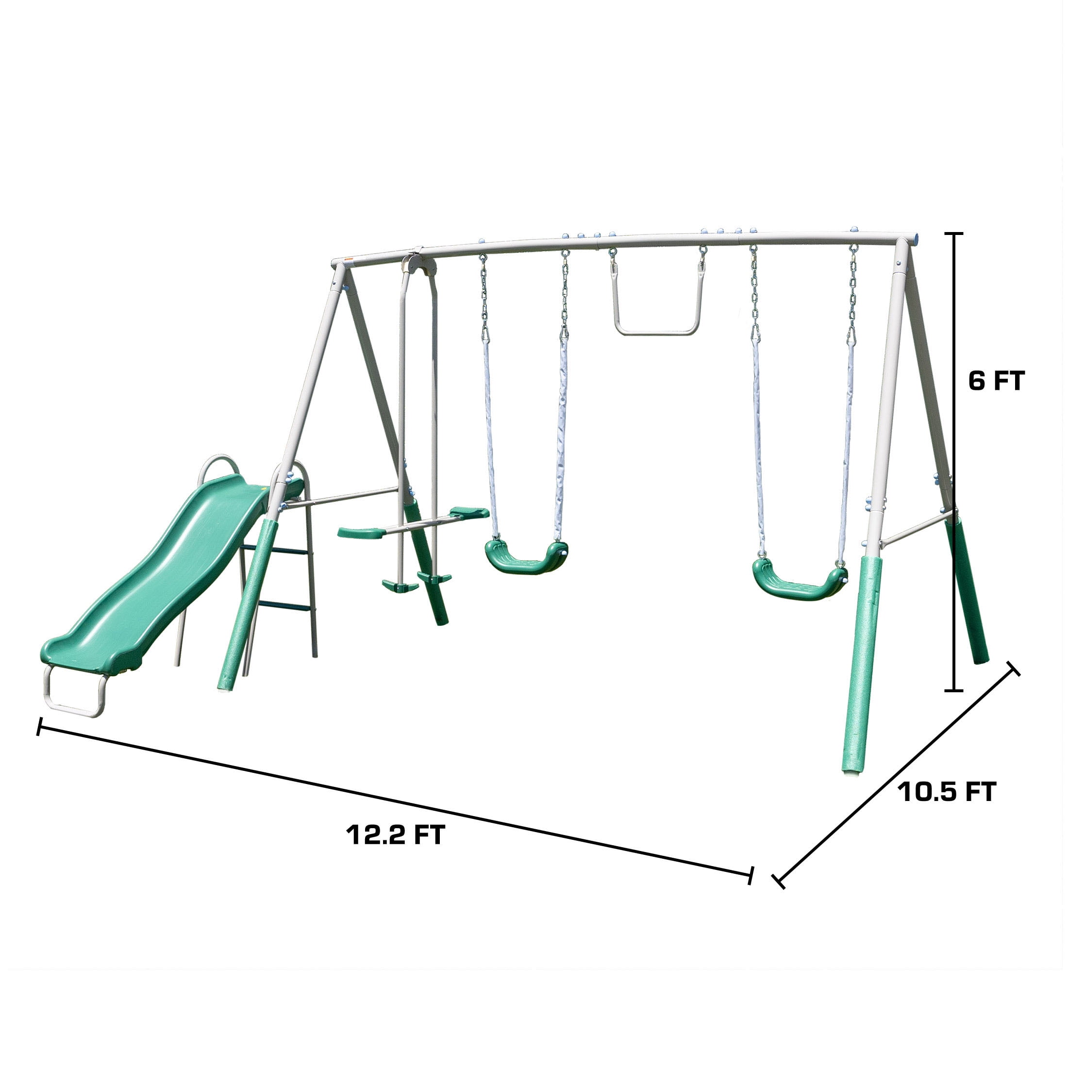 The Swing Company Yonkers Metal Swing Set with Glide Ride Trapeze Bar and 5 ft Slide (Green, 133.2 in L x 99.6 in W x 73.2 in H) bx4vy