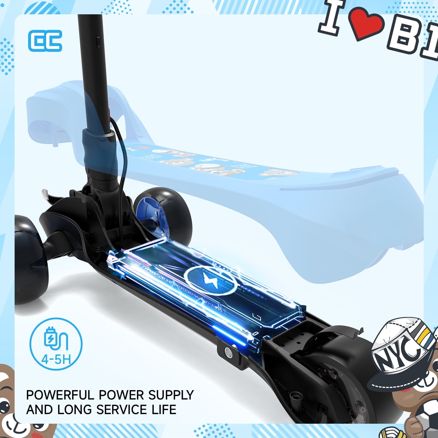 Rolldustry Electric Scooter for Kids, Foldable 3-Wheel Ride-On with LED Lights and Adjustable Handlebar (Blue, 110 lb Capacity) ye9w7