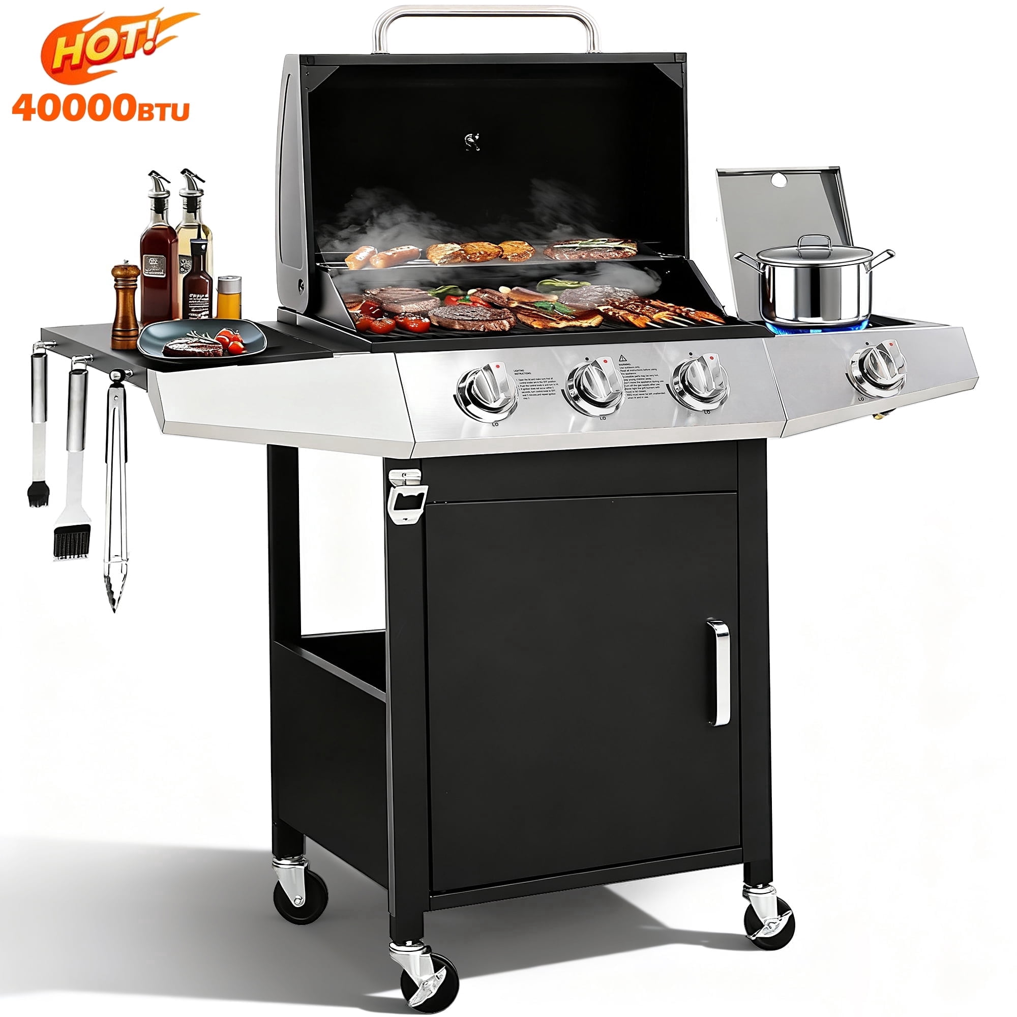 Seizeen 3-Burner Propane Gas Grill with Side Burner and Storage Cabinet (Black, 40,000 BTU) eqsts
