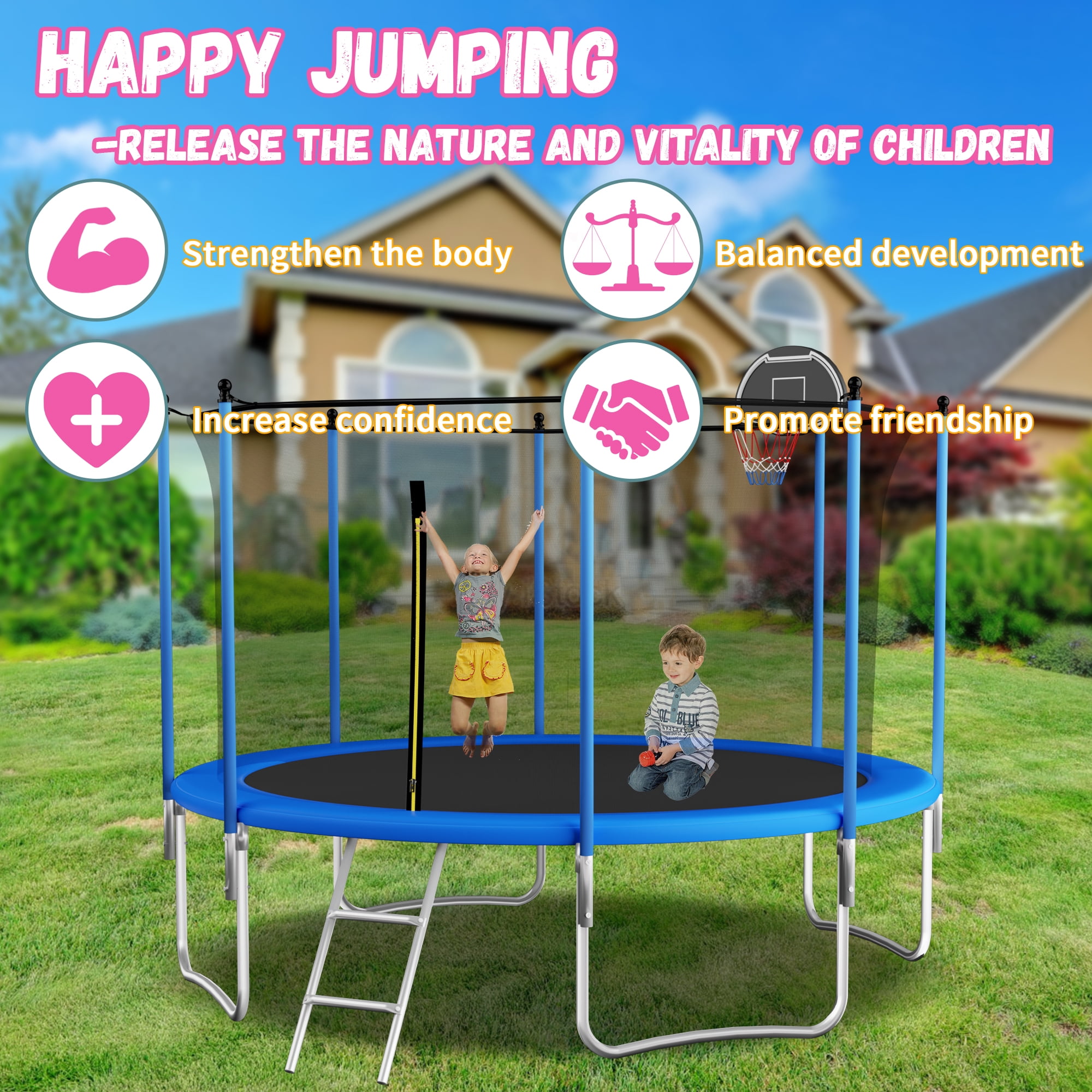 Shengchao Trade 12 ft Recreational Trampoline with Enclosure, Basketball Hoop, and Safety Ladder (Blue, 1000 lb) jjouu