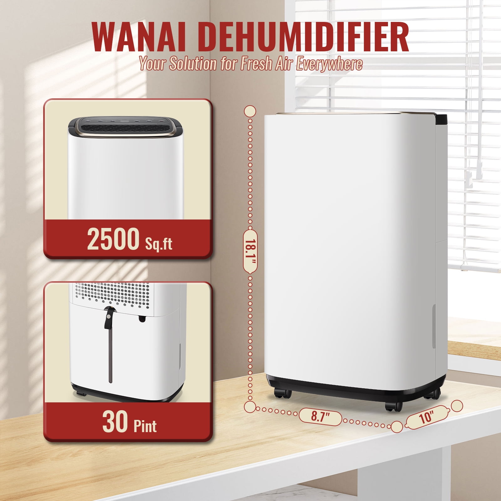 WANAI 30 Pint Dehumidifier for Large Spaces (White, 0.58 gal) hwav5