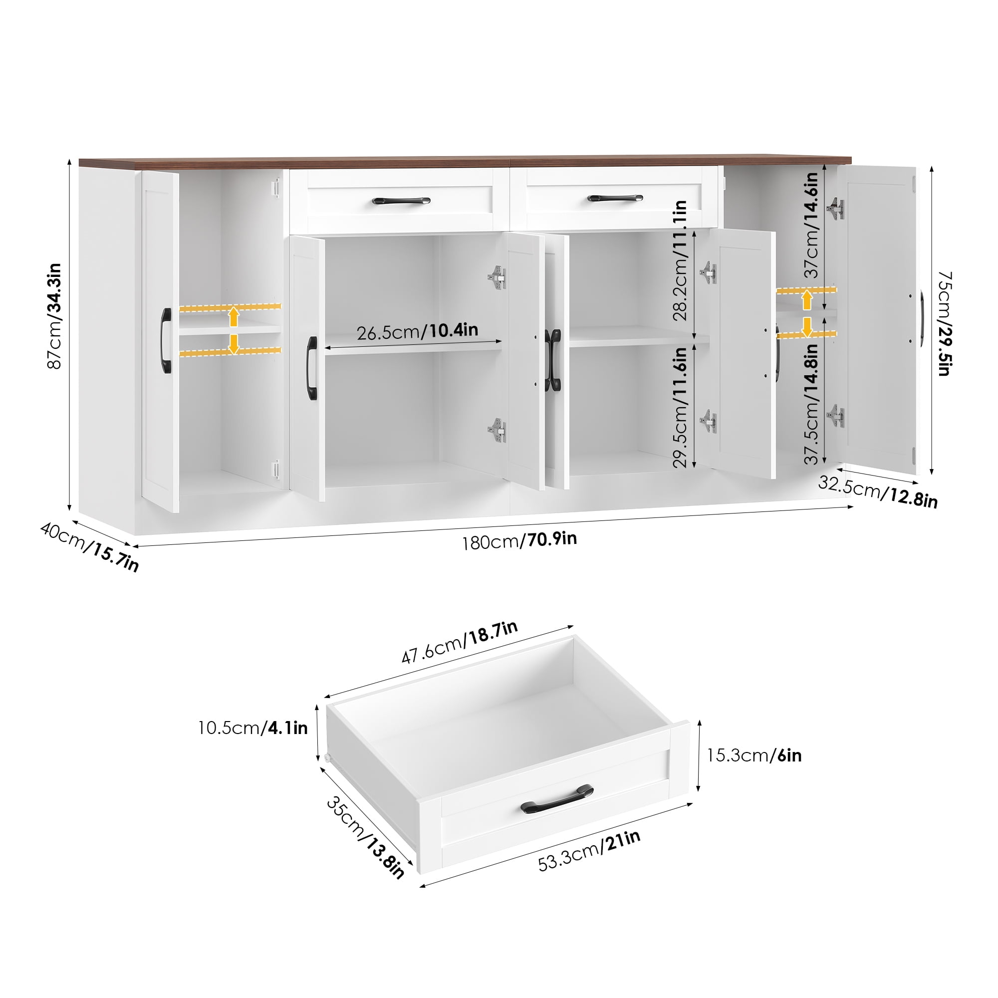 Hiphuta Modern Farmhouse Buffet Cabinet, Sideboard with 6 Doors and 2 Drawers for Kitchen and Dining Room (White, 70.87 in W x 15.75 in D x 34.25 in H) j9ays