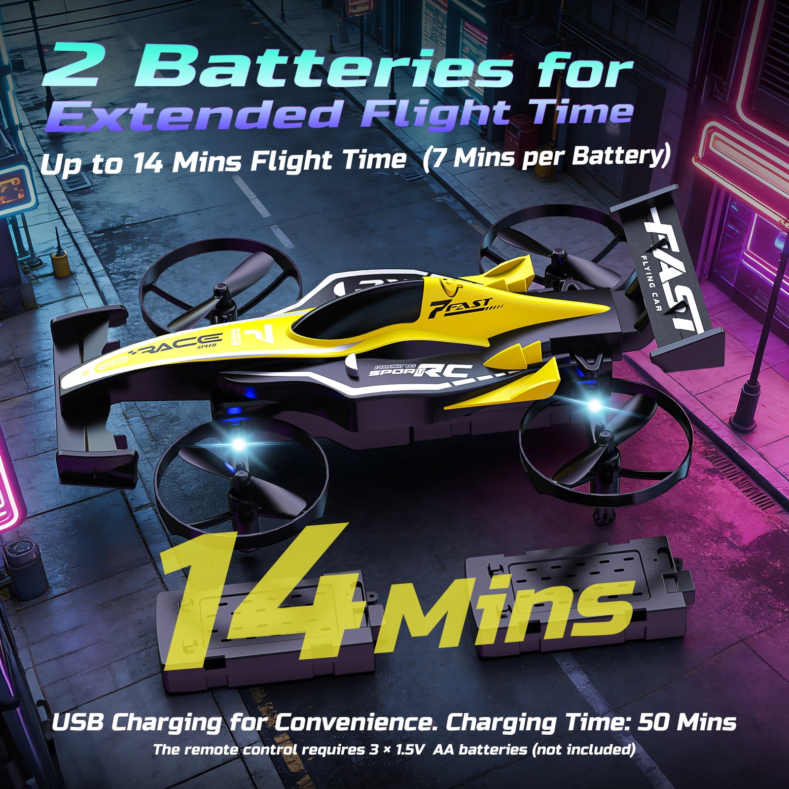 WEFONE ZF24 2-in-1 RC Drone and Stunt Car, Remote Control Vehicle with 3-Speed Mode and 360° Flips (Yellow, 2-Pack Battery) 5rlud
