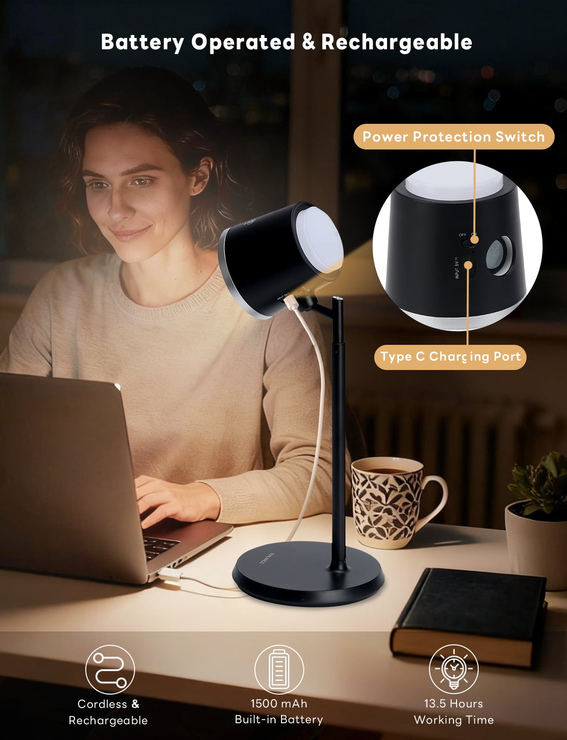 YULINKCO LED Desk Lamp with USB Charging Port, 360° Rotating Magnetic Task Light, Dimmable Bedside Reading Lamp (White, 1500 mAh) meg3c