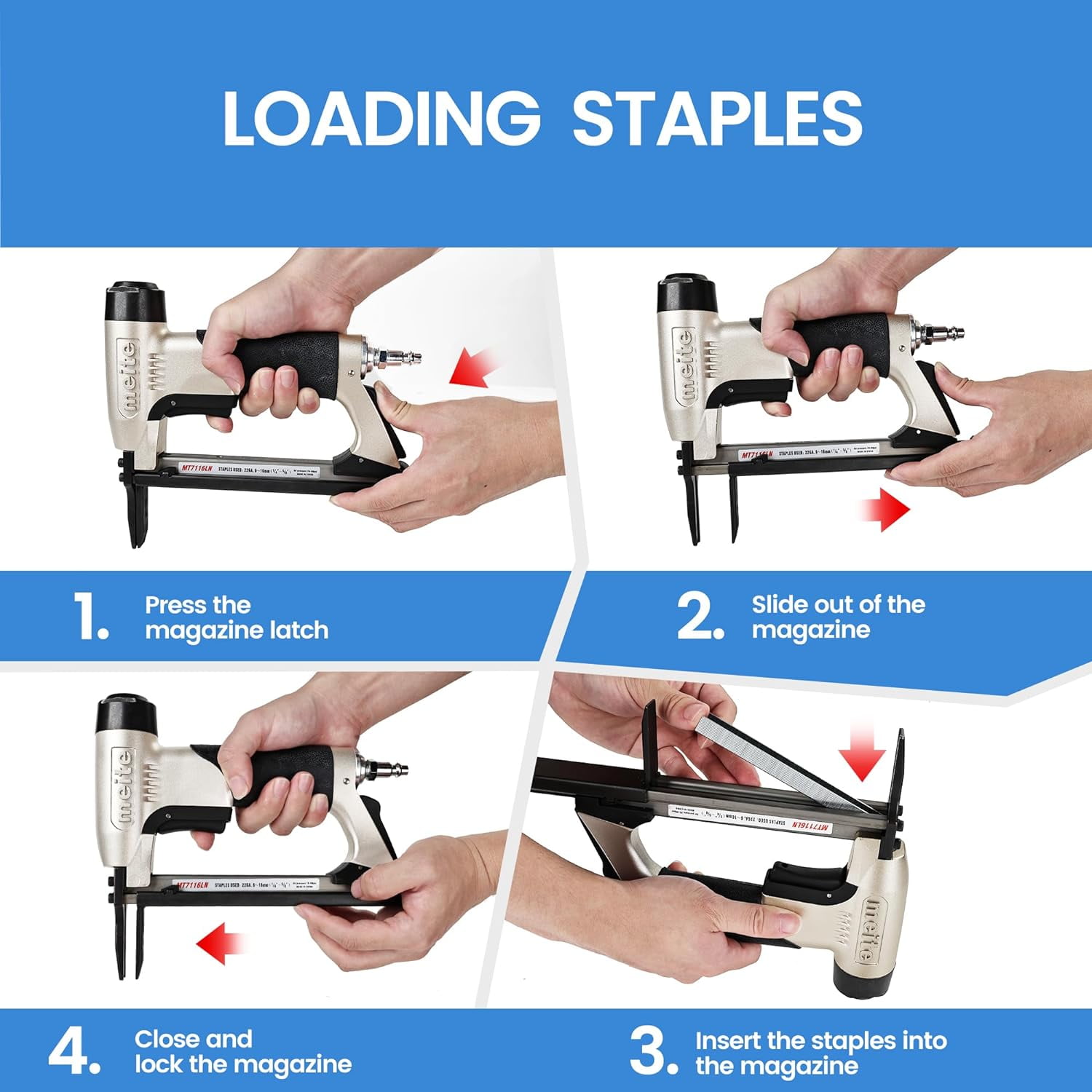 MEITE Long Nose Pneumatic Upholstery Stapler (Silver, 22 Gauge, 71 Series, 3/8 in Crown, 0.25 in to 0.625 in Length) c9f0k
