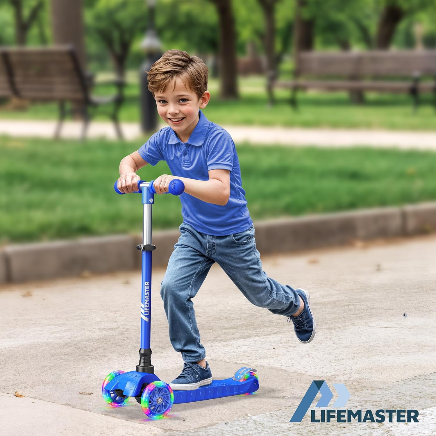 Lifemaster 3-Wheel Kids Scooter with LED Light-Up Wheels, Adjustable Handlebar, Anti-Slip Deck (Blue, 110 lb Capacity) pgctx