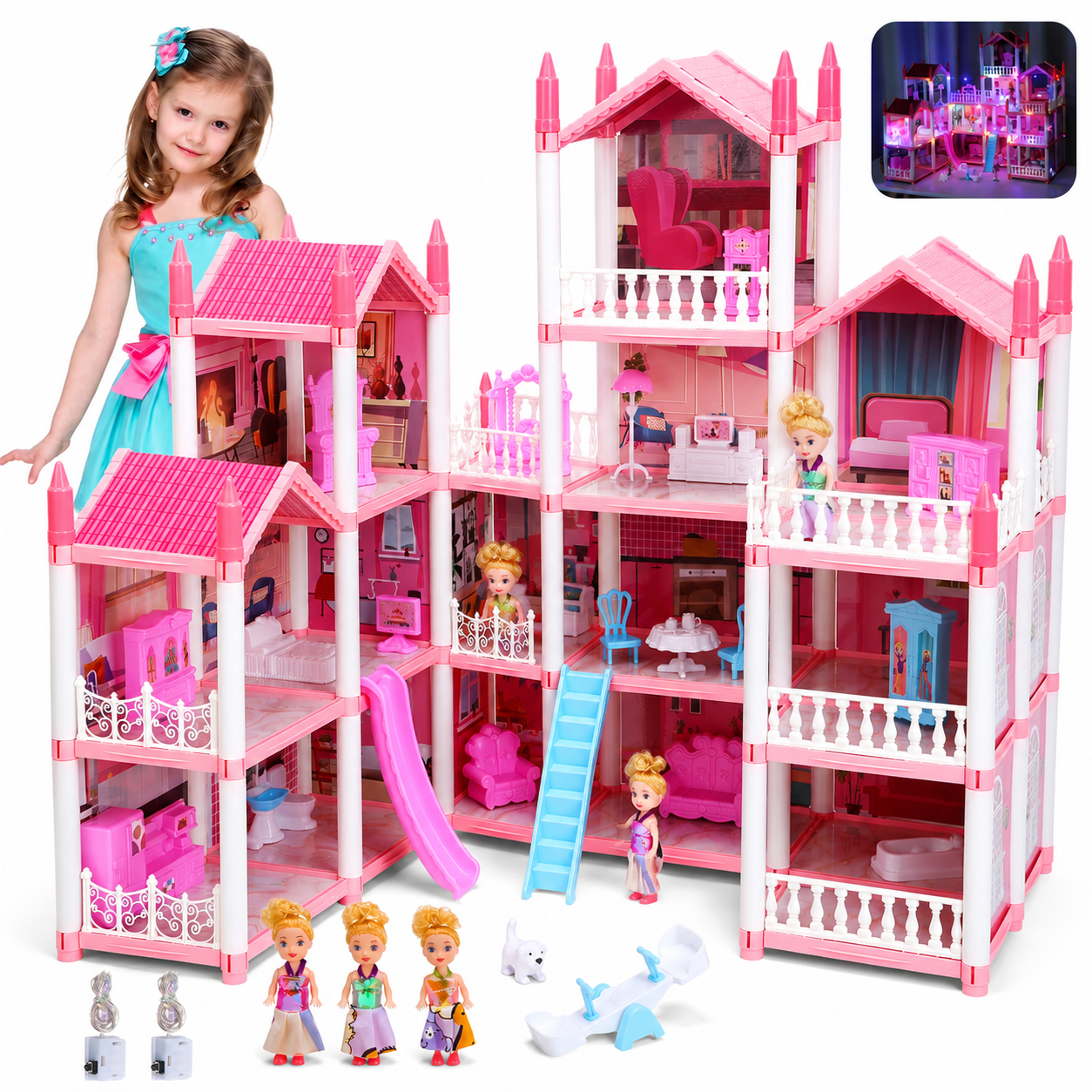 Lenbar 16-Room Dollhouse Playset with Furniture, Accessories, Colorful Lights and 3 Dolls (Pink) 7dbl9