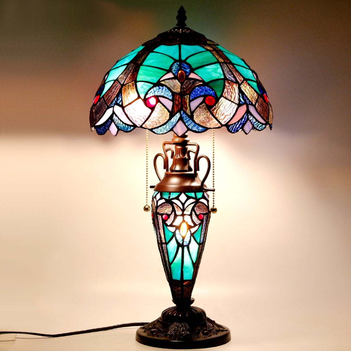 Werfactory Tiffany Style Stained Glass Table Lamp with Nightlight (Green, 22 in) j3pg1