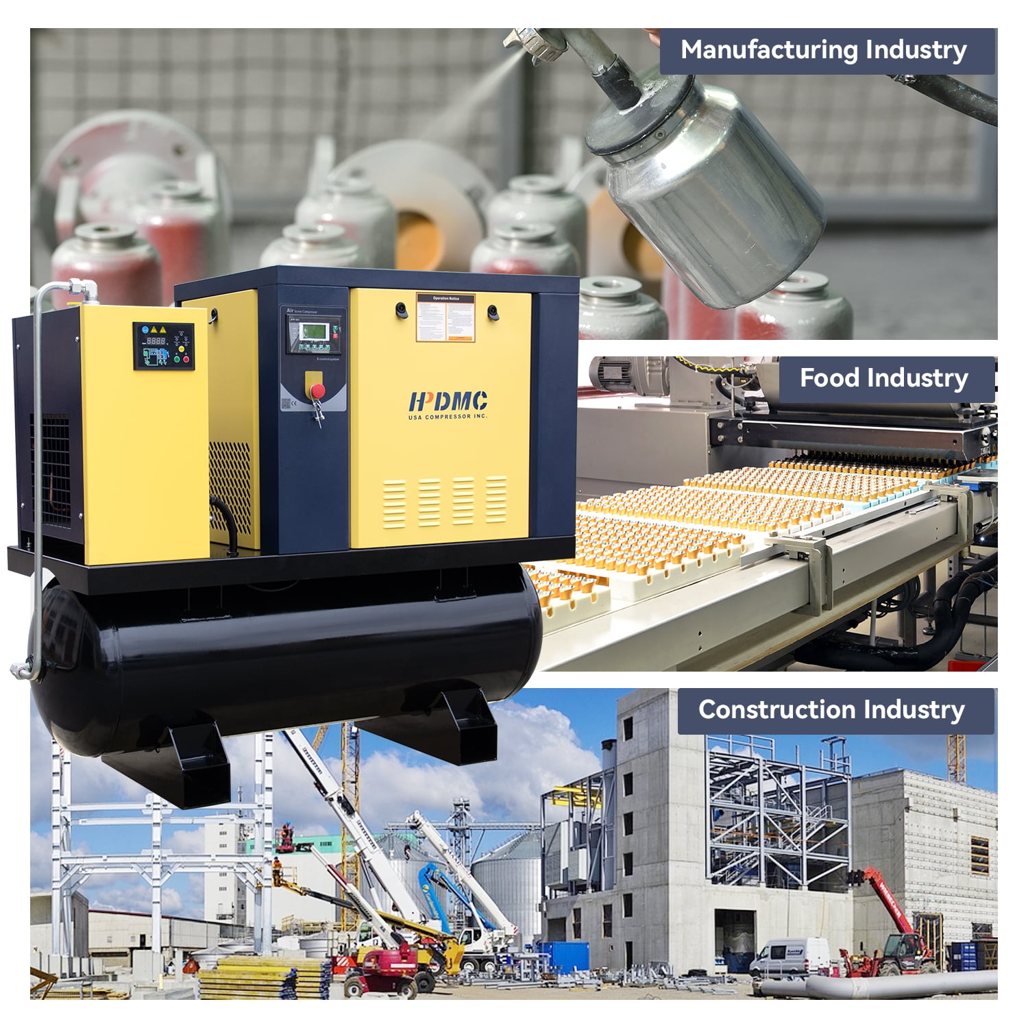 HPDMC 10HP Rotary Screw Air Compressor System with 80 Gal ASME Tank, Refrigerated Dryer & Line Filter (Yellow, 80 Gal) sigc5
