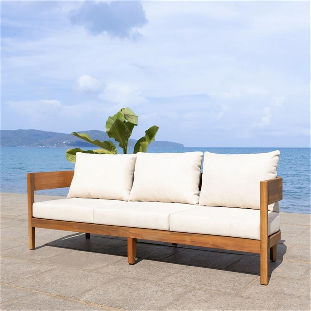 Pemberly Row Outdoor Teak Wood Sofa with Polyester Cushions (Natural/Taupe, 72 in) sf89j