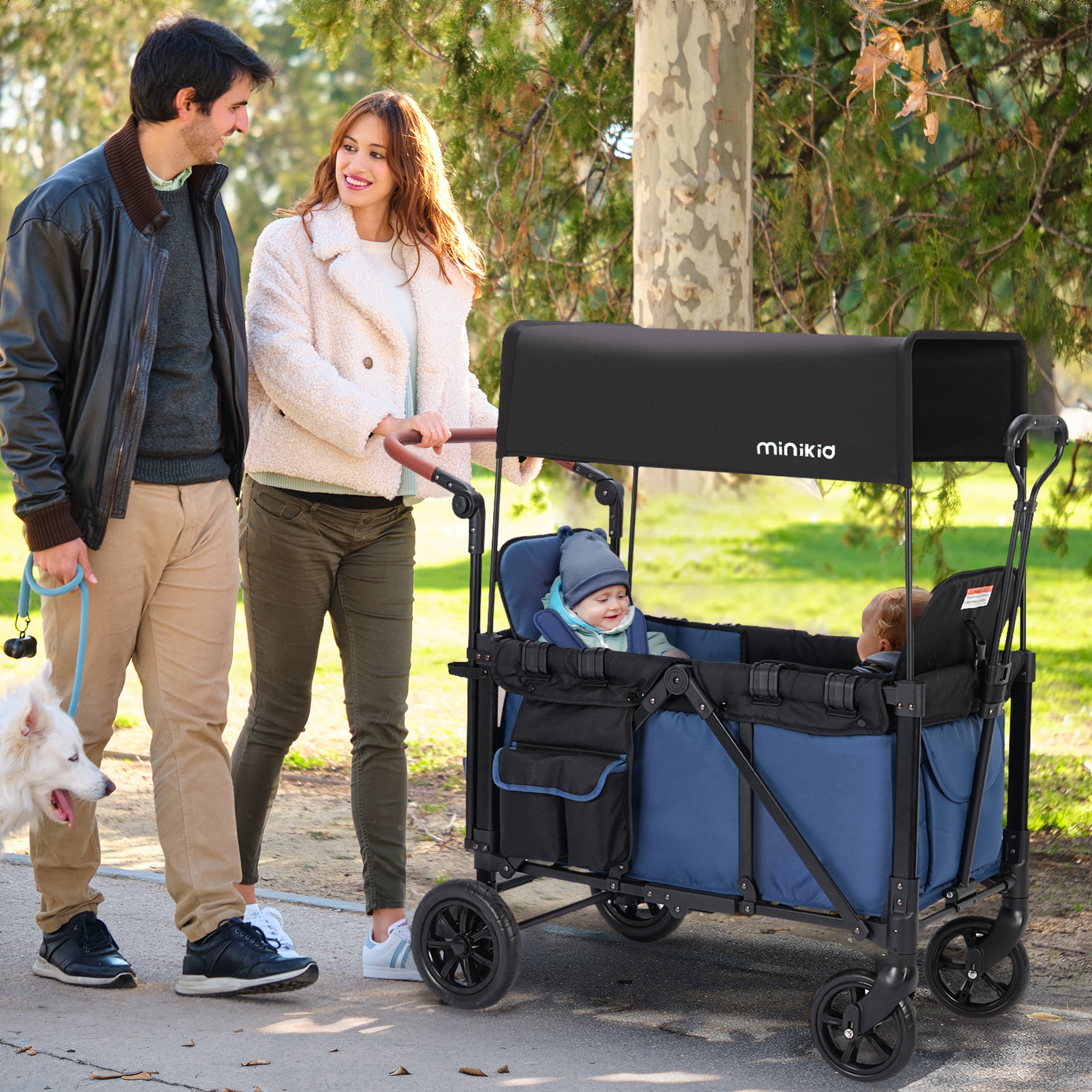 Minikid 2-Seater Wagon Stroller with Canopy and 5-Point Harness (Blue, 38 lb) jnqvp