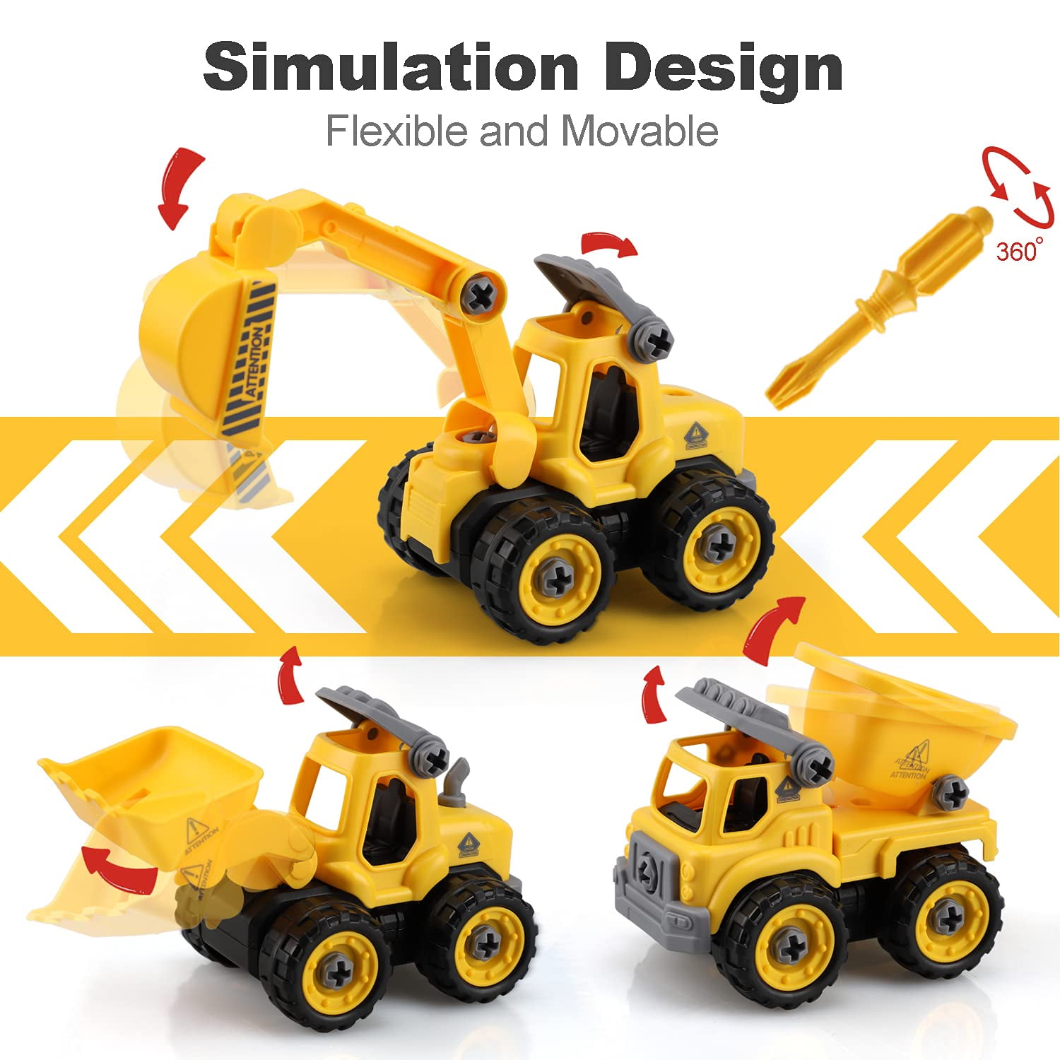 Toy Life Construction Vehicle Building Set, STEM Educational Toy for Kids (Yellow, 3 Count) ph9bv