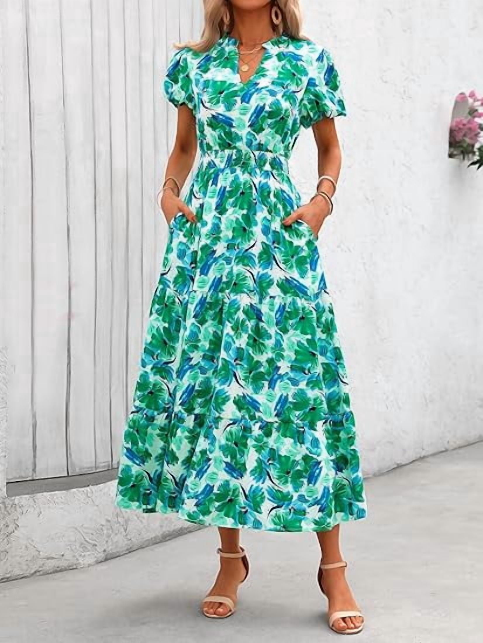 PRETTYGARDEN Women's Floral Maxi Dress V Neck Puff Sleeve Smocked Ruffle Flowy Boho Beach Dress (Green, XL) x0nsf